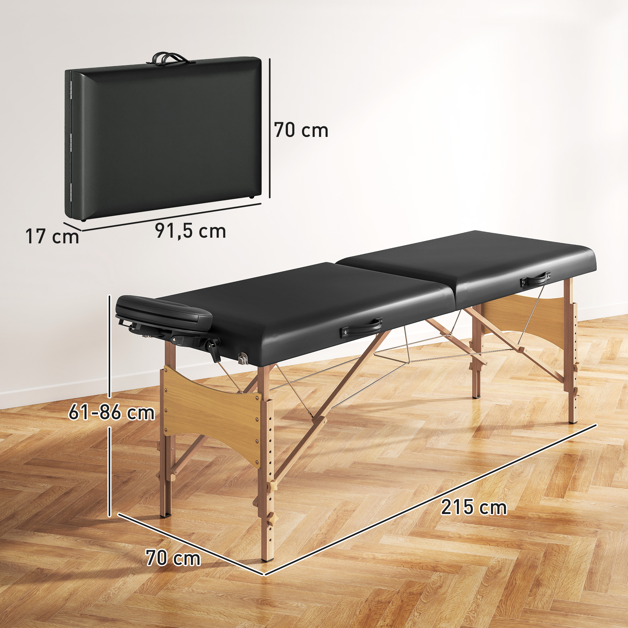 Höhenverstellbarer Massagetisch, Holzgestell, Klappbares Massagebett, Schaumstoffpolsterung, Schwarz