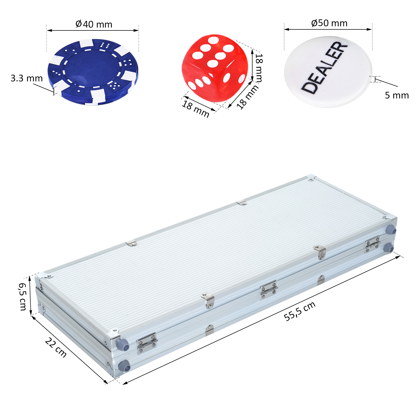 Pokerset, 500 Chips, 2 Kartendecks, 5 Würfel, Aluminium-Koffer, verschließbar