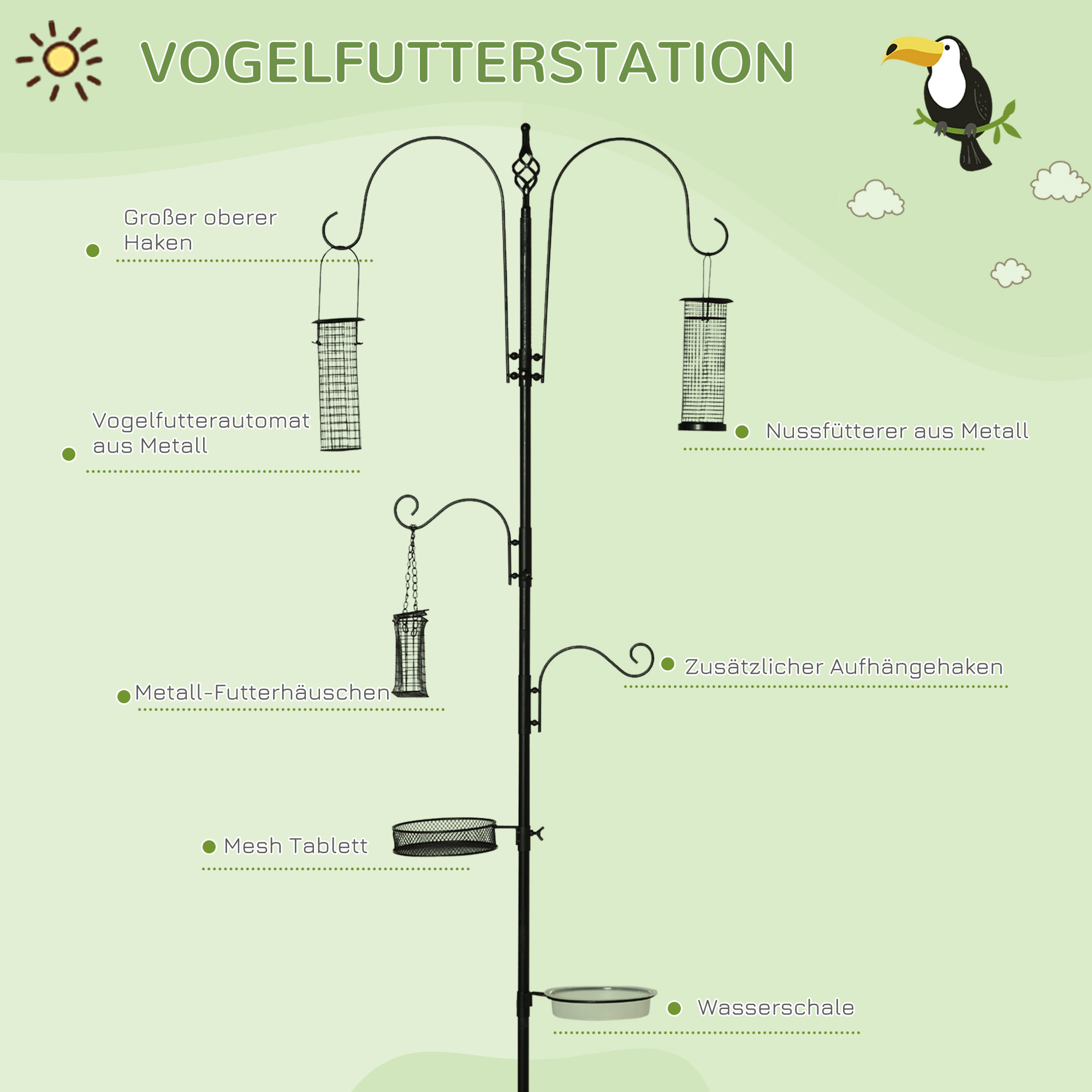 Vogel Futterstation Set aus Stahl Höhe 208 cm inkl. 4 Haken Vogeltränke Futterteller Vollständiges Futtersäulen Vogelfutterspender Station Schwarz