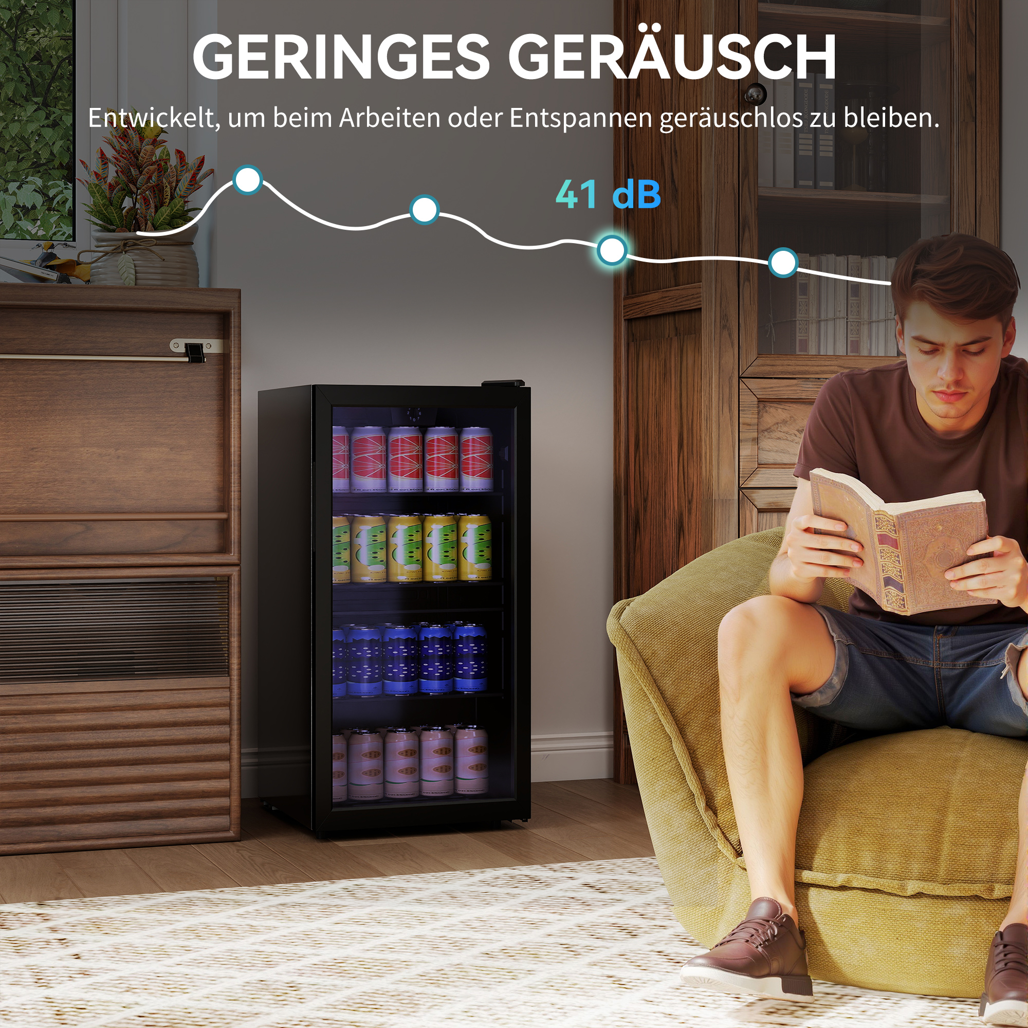 Mini Kühlschrank 93L Kühlbox mit Glastür, verstellbaren Regalen, LED, Temperaturregelung, 47,2 x 43,7 x 83,3 cm Schwarz