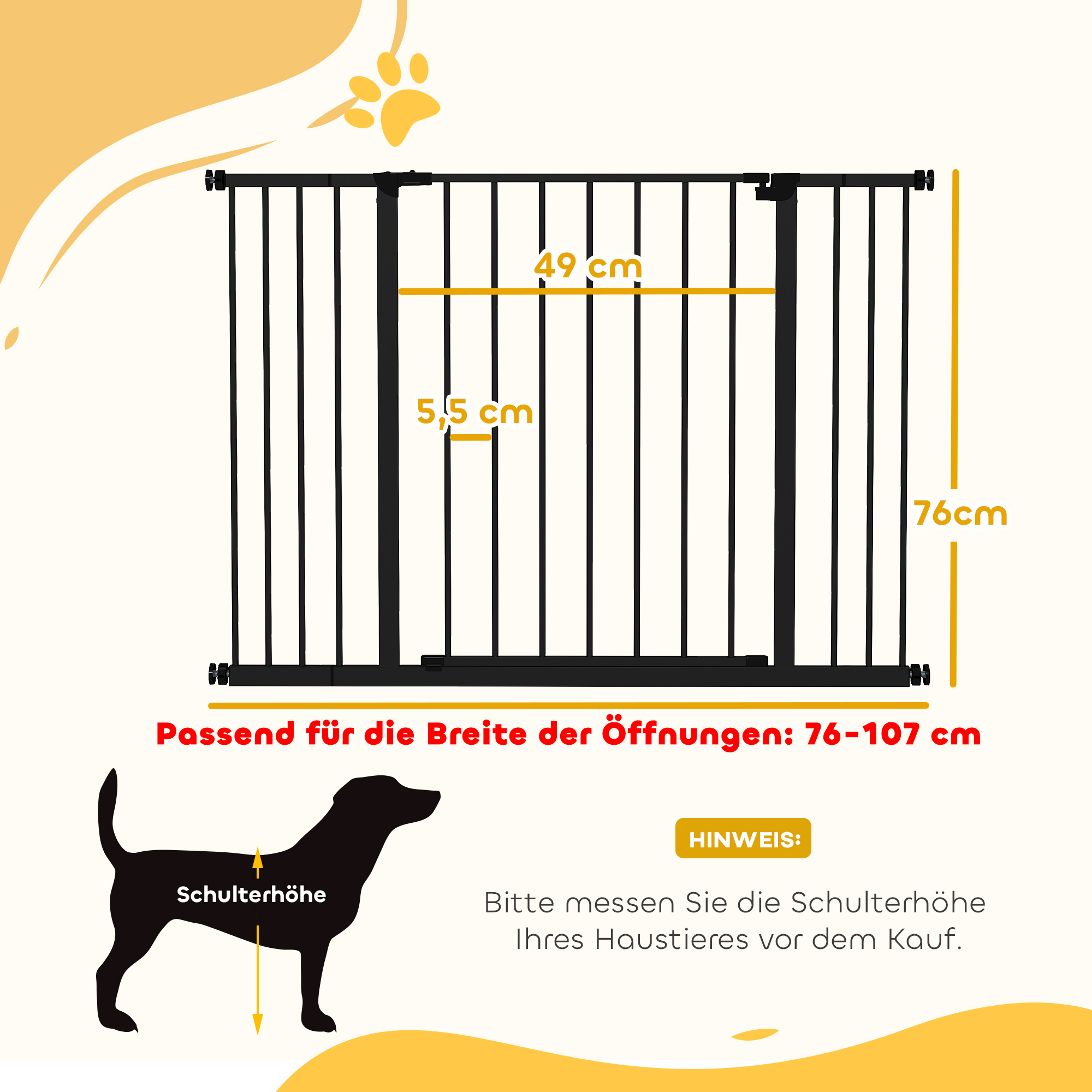 Hunde-Absperrgitter, erweiterbar, Klemmmontage, Stahl, 76-107 x 76 cm, Schwarz