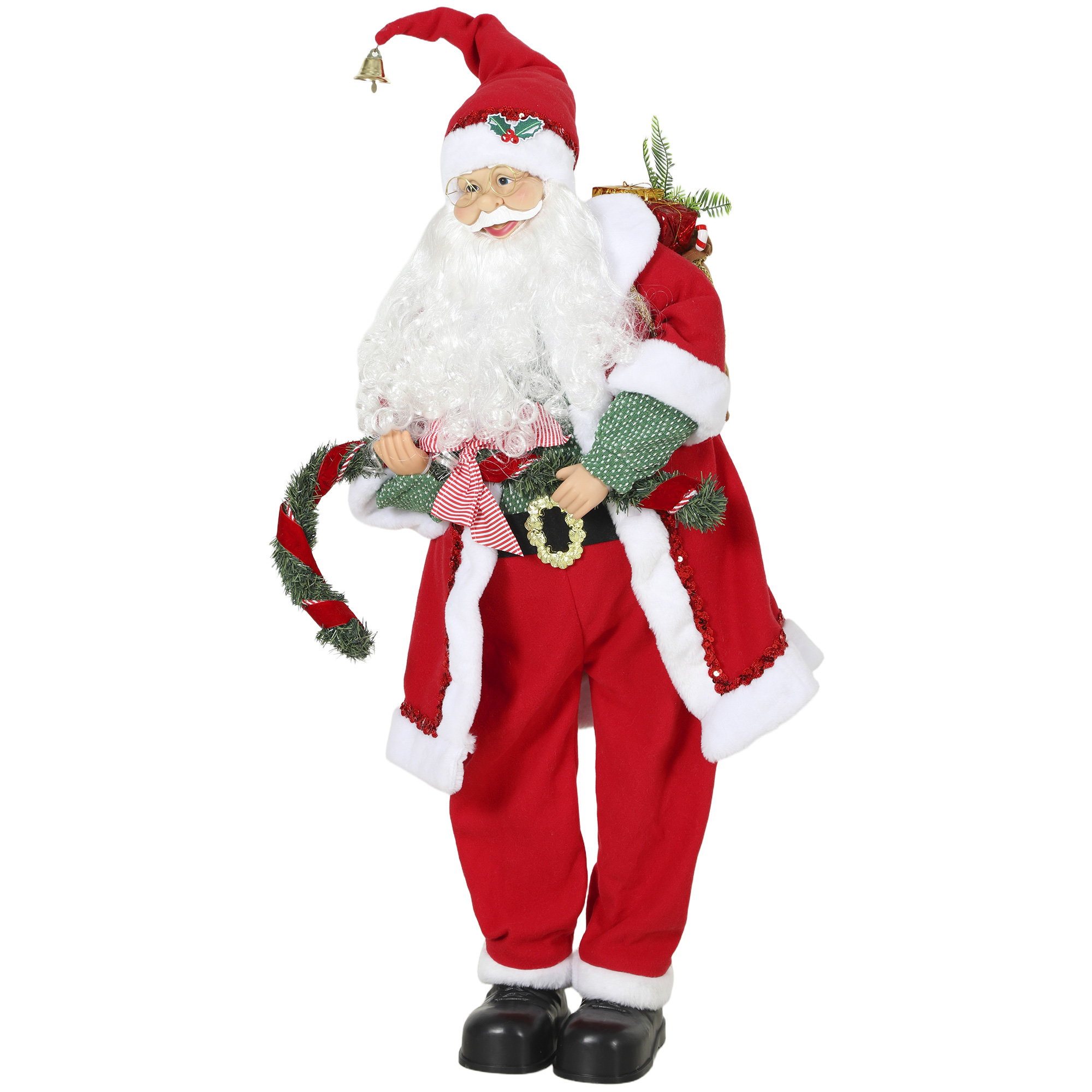 Singender & tanzender Weihnachtsmann, 120 cm, stehende animierte Weihnachtsfigur mit Girlande & Sack, per Sound/Berührung aktiviert