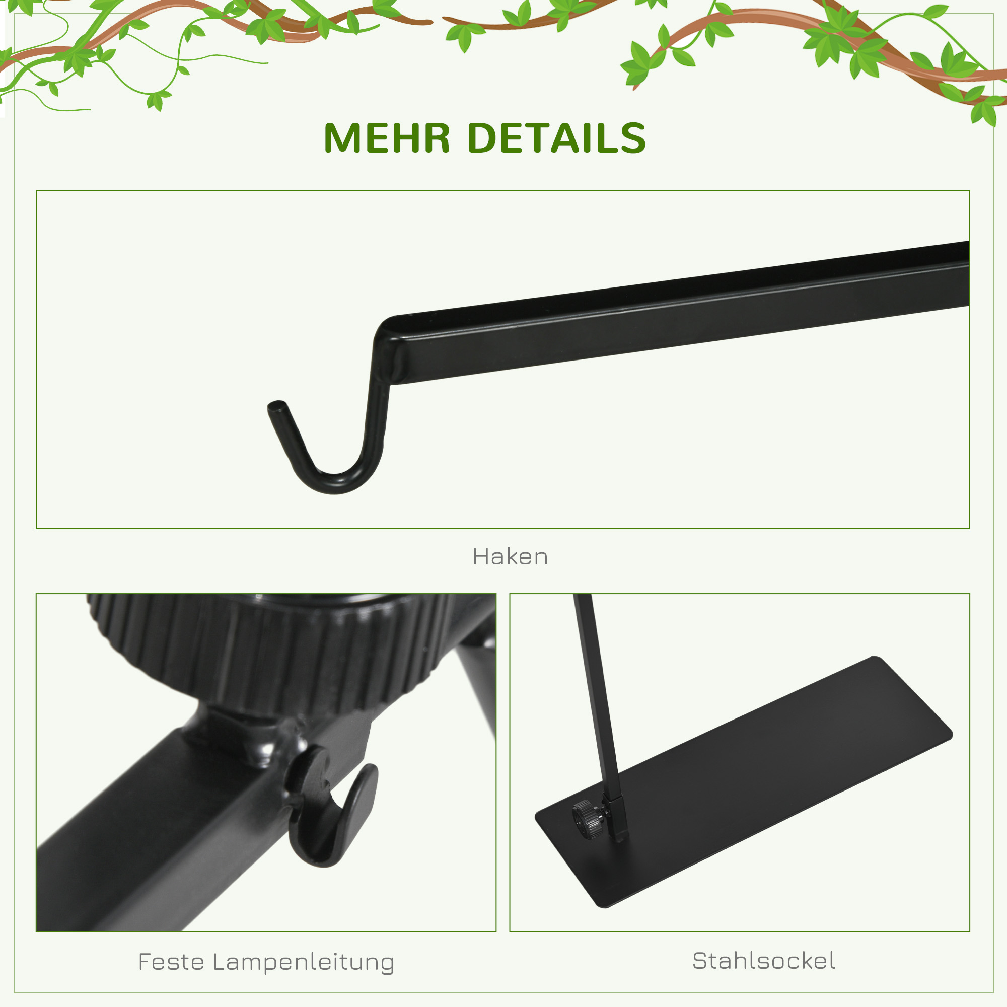 Wärmelampenständer für Terrarrien, höhenverstellbar, 40x15x95cm, Schwarz