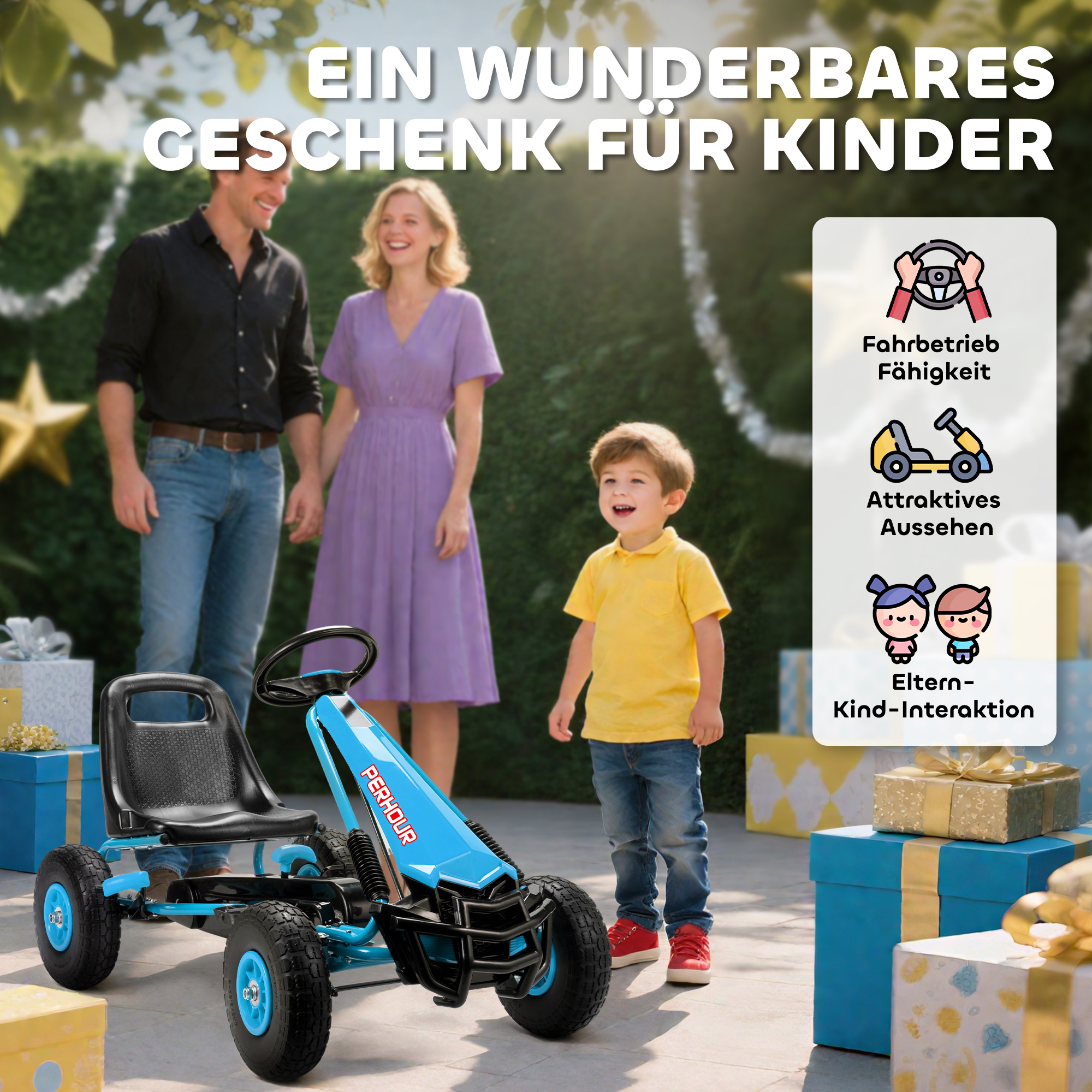 Pedal-Gokart für Kinder, höhenverstellbarer Sitz, EVA-Räder, Bremse, Kupplung, 3-8 Jahre, Blau
