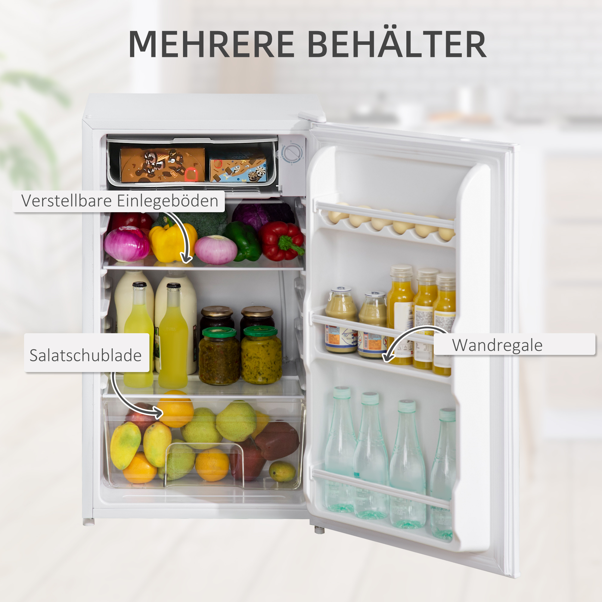 Mini-Kühlschrank, 91 Liter Kapazität, Gefrierfach, verstellbare Fächer, leiser Betrieb, kompakte Größe, Kunststoff, Stahl, Weiß