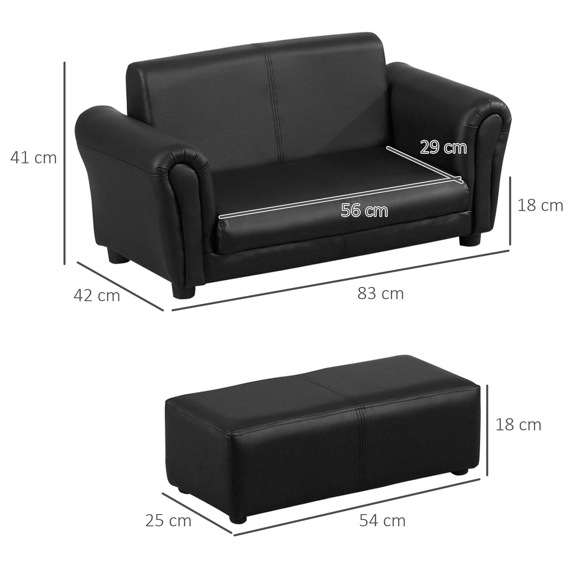 Kindersessel mit Fußhocker, Kindercouch mit Hocker, Kindersofa, Sofa Sessel, Schwarz, 83 x 42 x 41 cm