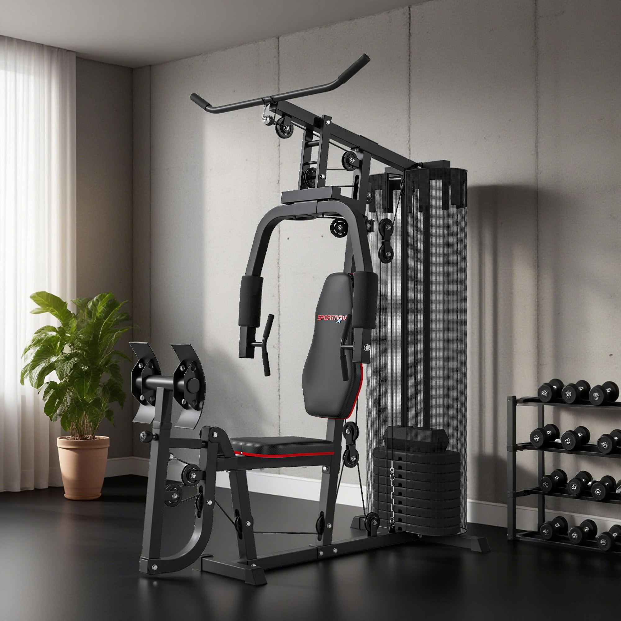 Heim-Fitnessstation mit 45 kg Gewichtsblöcken, Hochseilzug, Bruststation, Beinpresse für vielseitiges Training