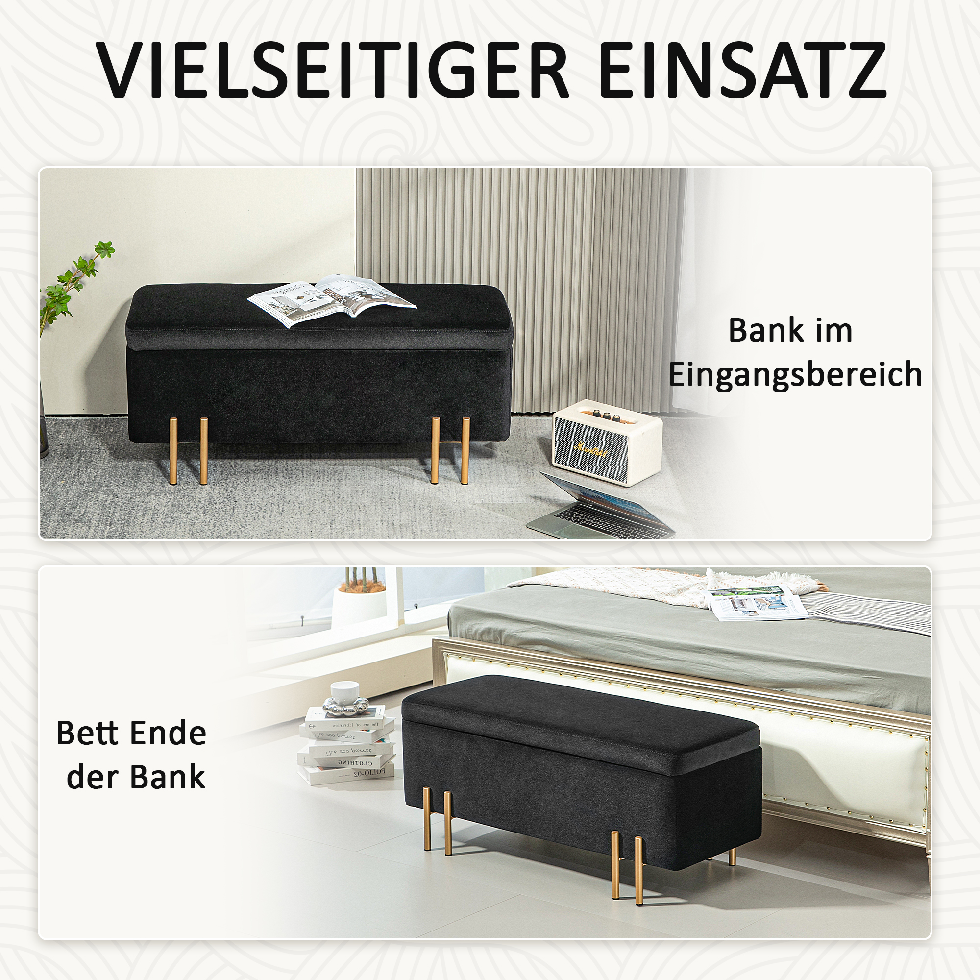 Sitzbank, Polsterbank mit Stauraum, Metall, Kautschukholz, Schaumstoff, 100 x 40 x 42 cm, Schwarz