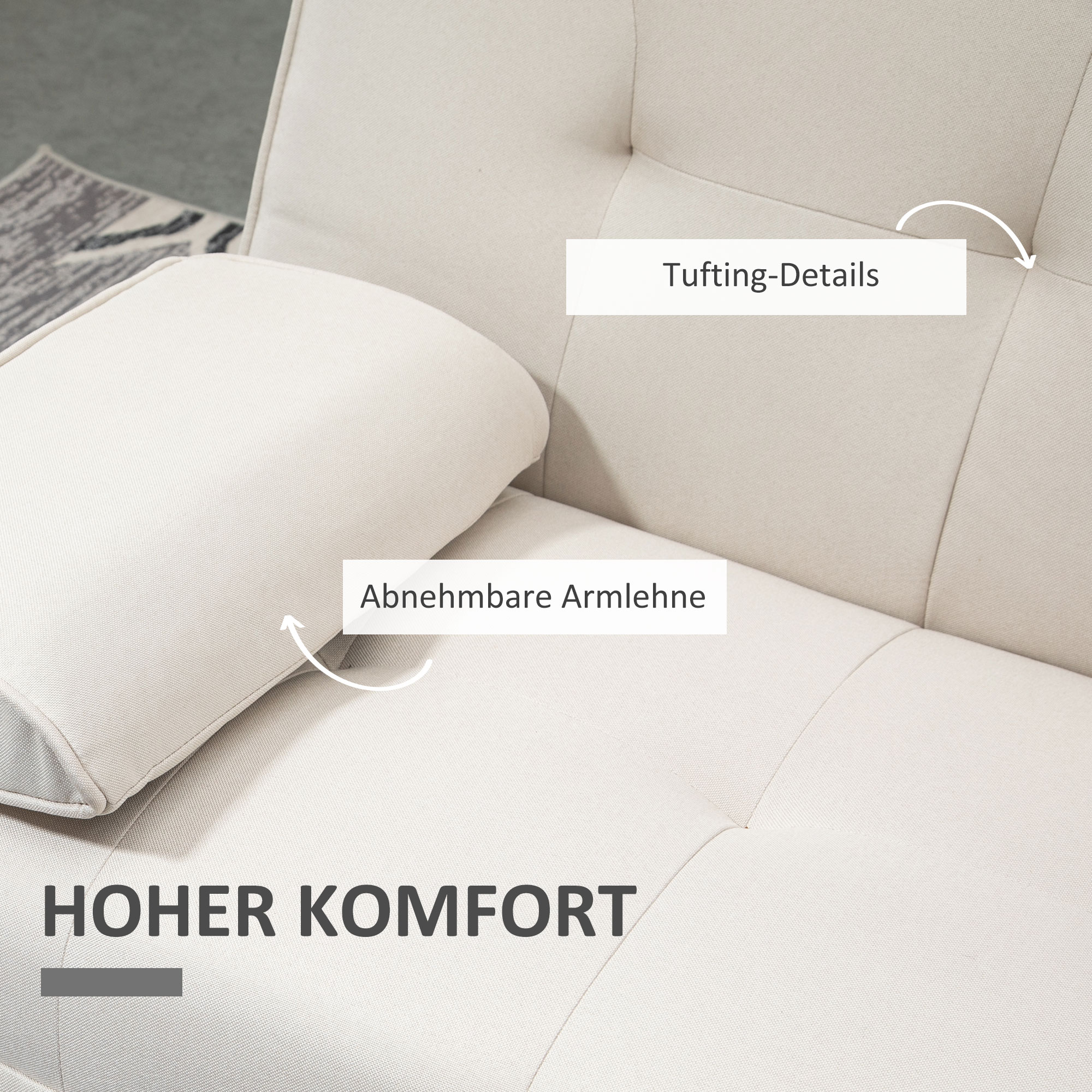 Schlafsofa 3-Sitzer, neigbare Rückenlehne mit Klapptisch, zwei Armpolster, Leinenoptik, beige, 181 x 77 x 78 cm