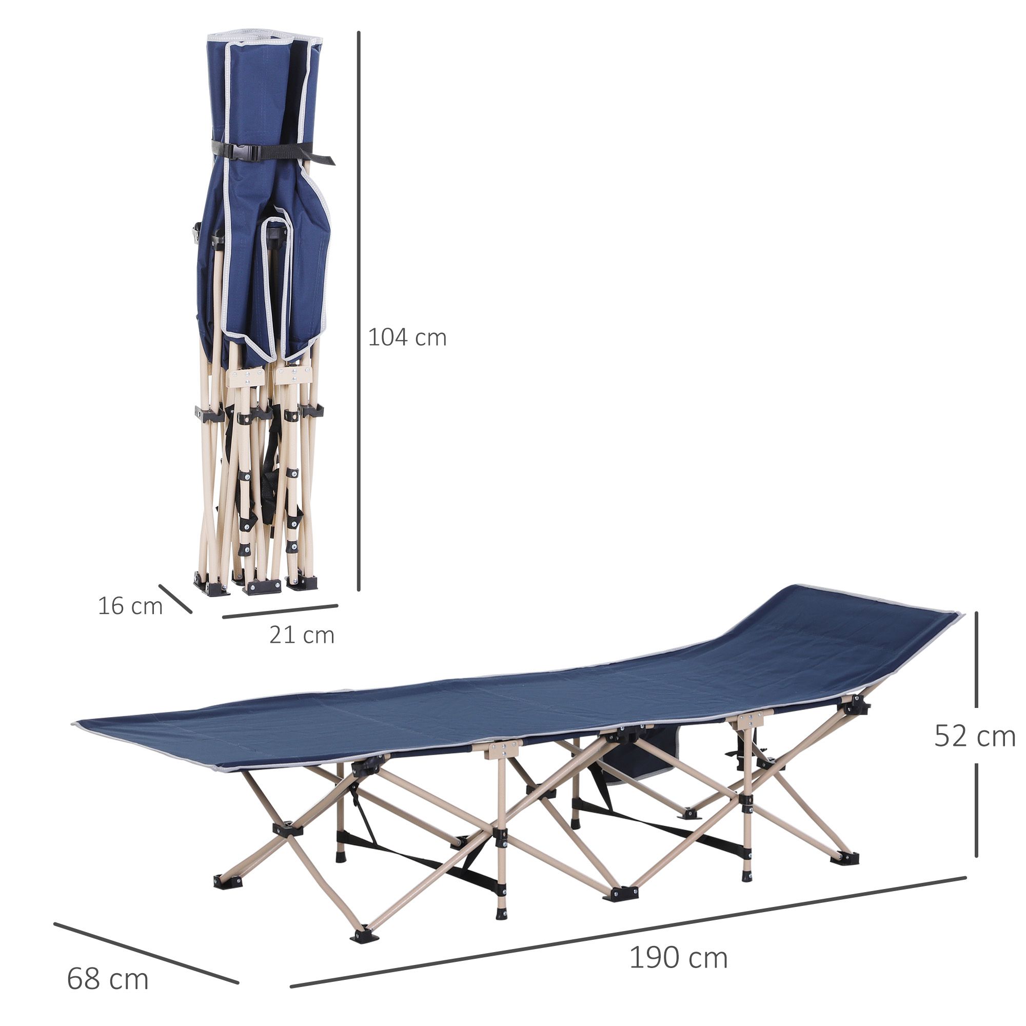 Feldbett, Camping-Bett, klappbar, wetterbeständig, ink. Tragetasche, 190 cm x 68 cm x 52 cm, Blau
