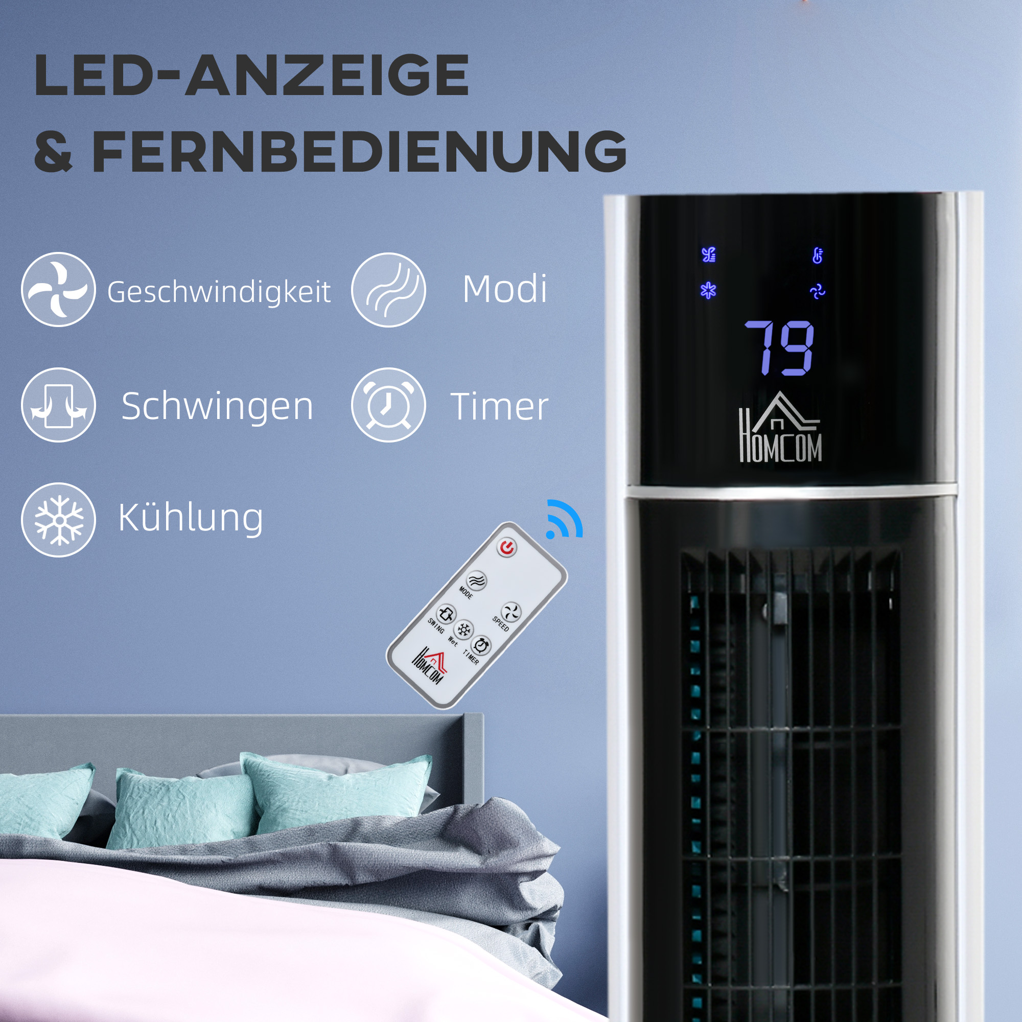 Säulenventilator, Klimaanlage in Säulenform, um 52 Grad drehbar, leiser Betrieb, 3 Betriebsmodi, 3 Geschwindigkeiten