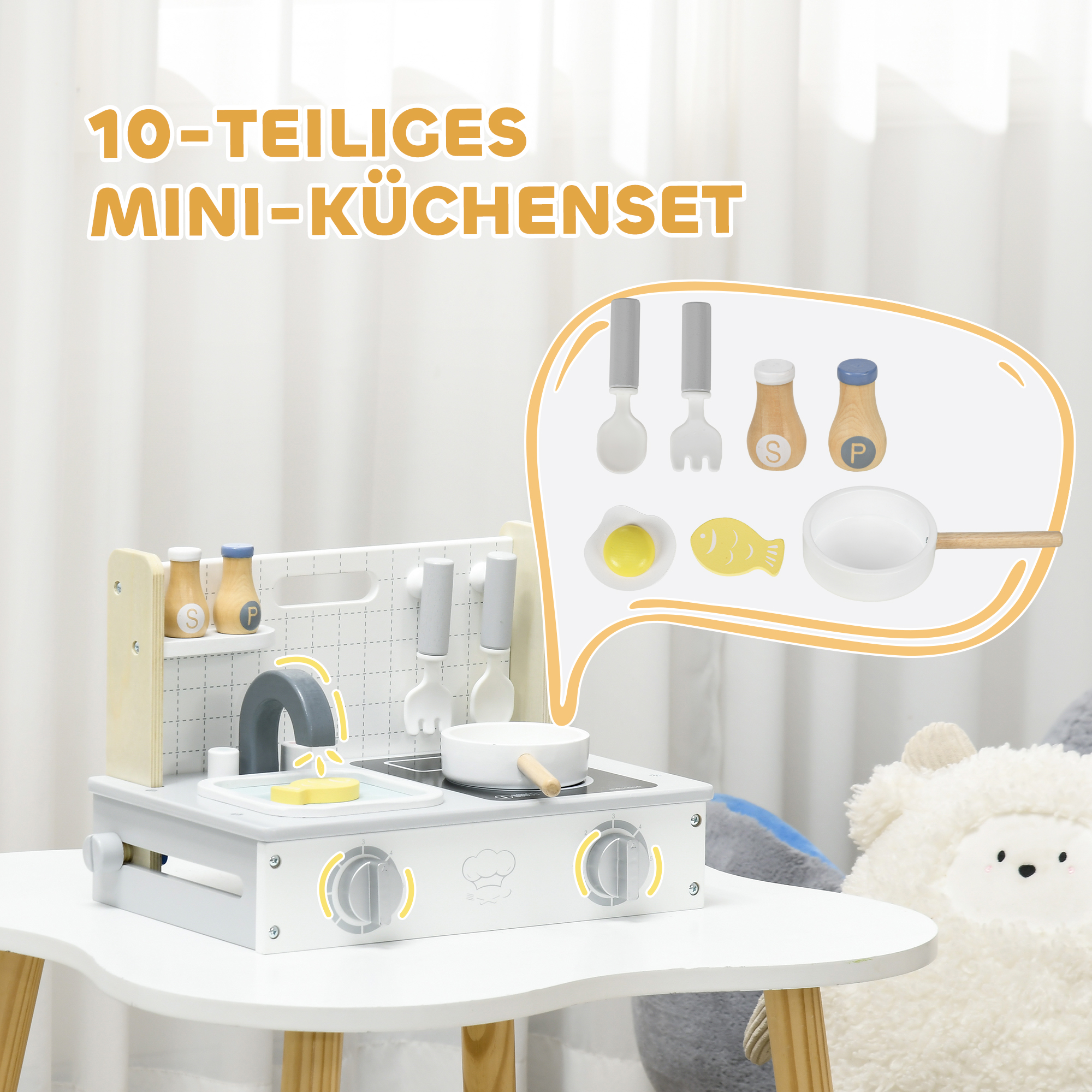 Kinderküchen-Set, 10-teilig, mit Gewürzflaschen, Topf, Ei, Fisch, 36x21,5x25 cm, Grau/Gelb