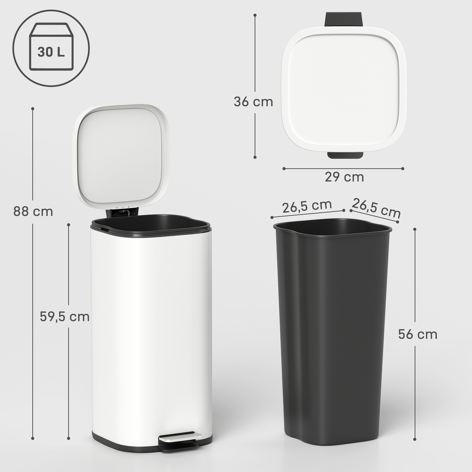 30L Küchenmülleimer Pedaleimer mit Deckel, Soft-Close- und Offenhalte-Funktion für Küche, Zuhause