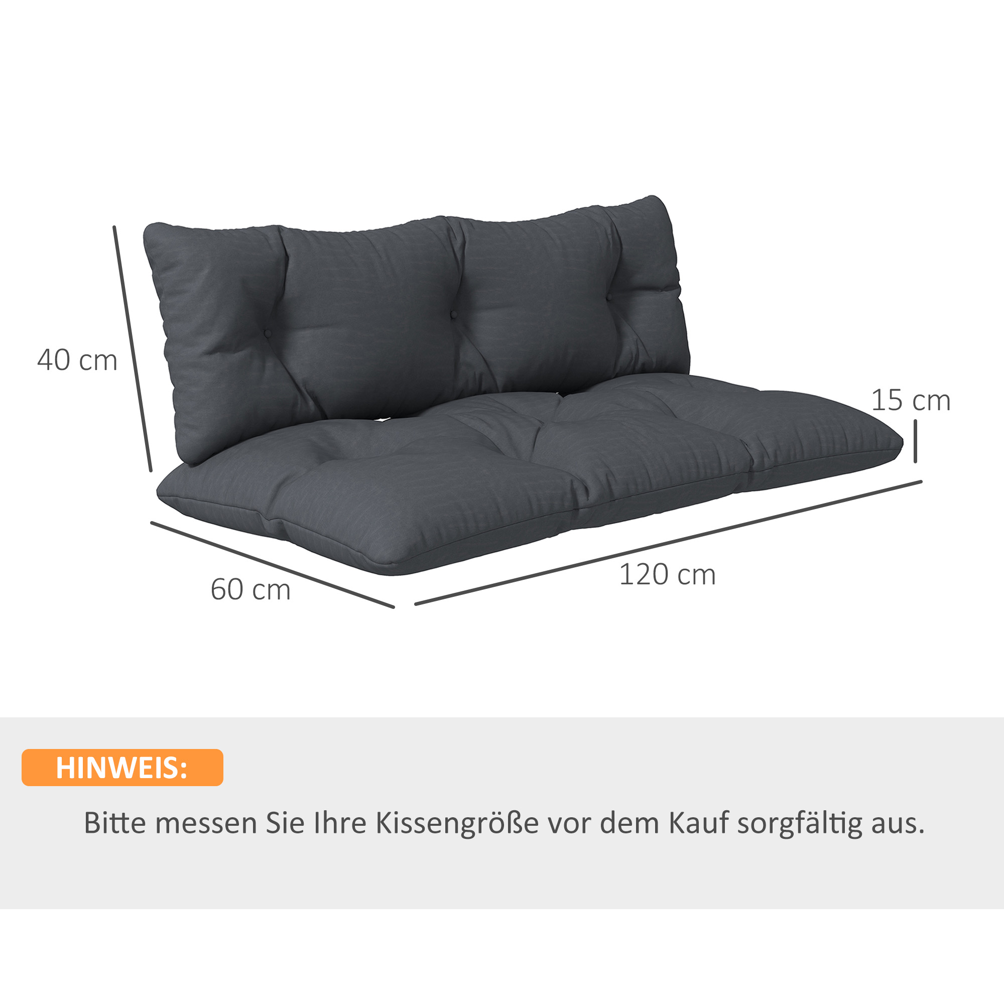 2 teilige Polsterauflage Gartenmöbelsitzkissen Sitzauflage, wetterbeständig, Knopfheftung, 120 x 60 x 15 cm, Grau