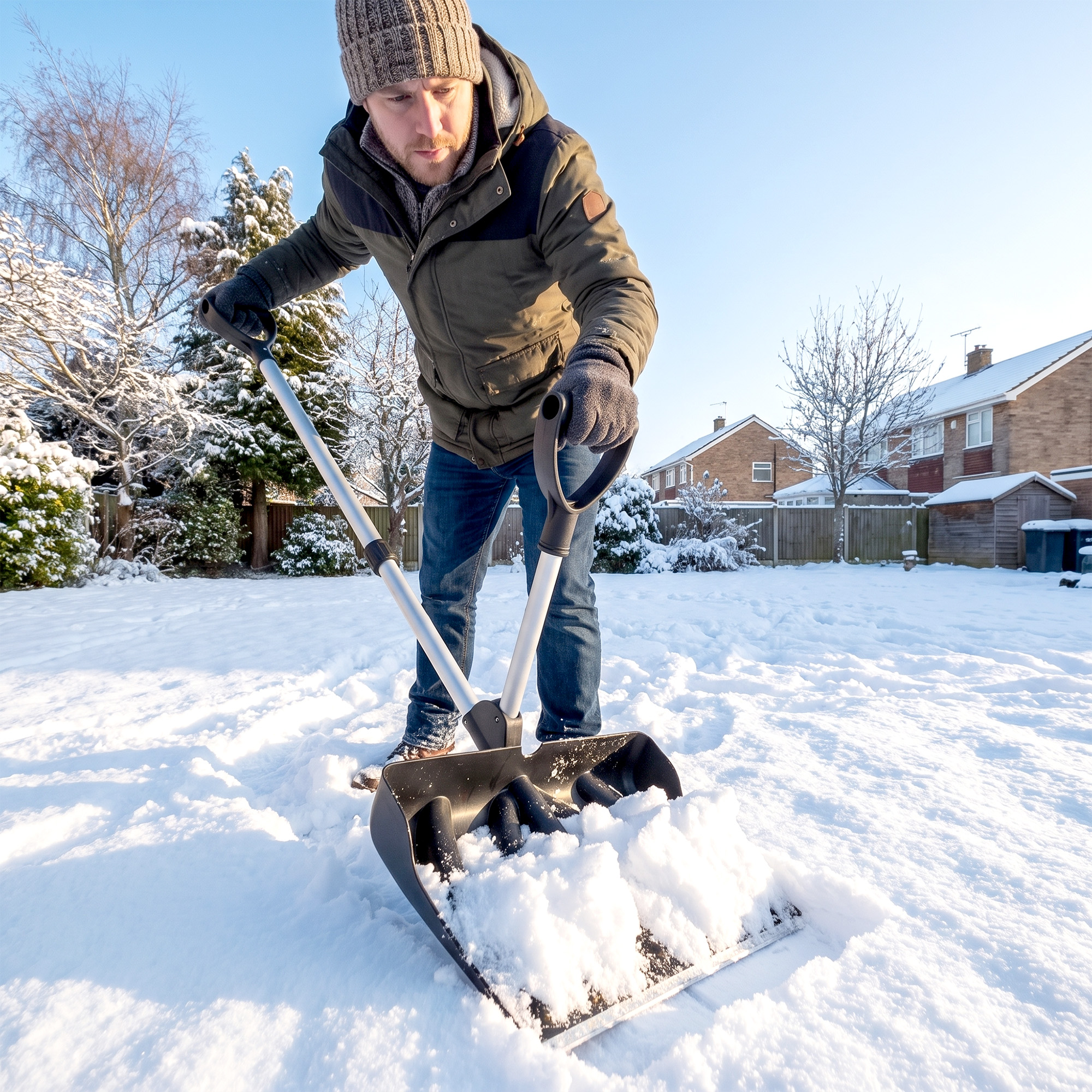 Schneeschieber 45 cm breit Kusnstoff Schneeschaufel mit Ergonomischer Zusatzgriff, Schneeräumer mit Alustiel Metallkante