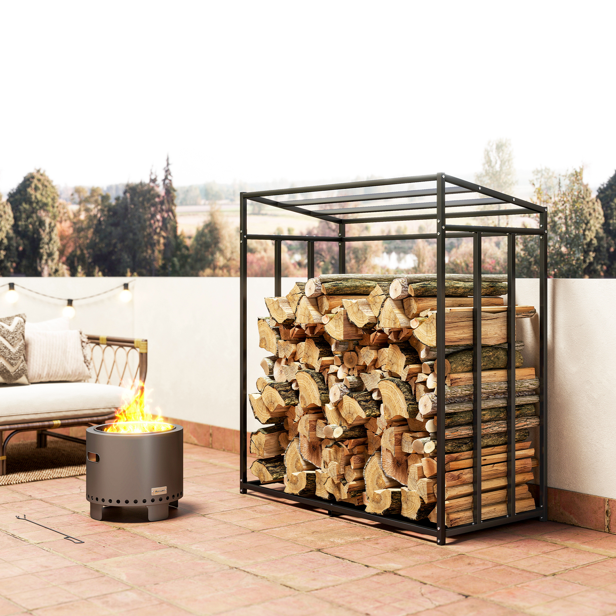 Feuerholzregal, Brennholzständer aus Stahl, Stoffabdeckung, 300 kg Belastbarkeit, 140 x 70 x 154 cm, Schwarz