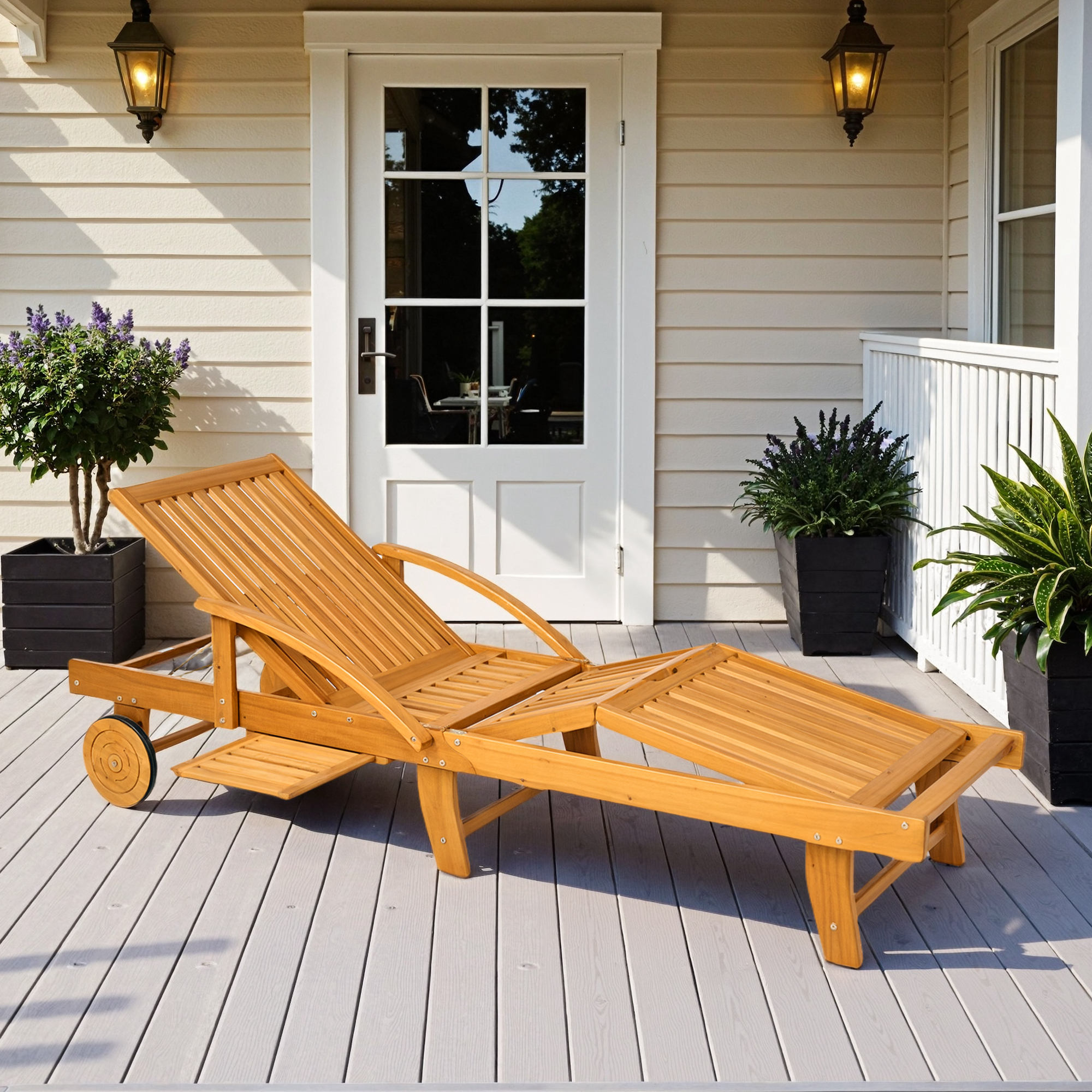 Sonnenliege Holz klappbar Gartenliege mit Seitentisch, Rolle, 4-Fach verstellbare Rückenlehne Teak
