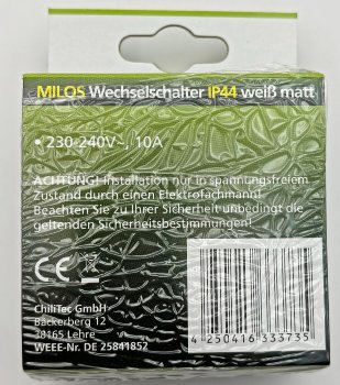 MILOS Wechsel-Schalter IP44 / 250V~/ 10A, inkl. Rahmen, UP, weiß matt