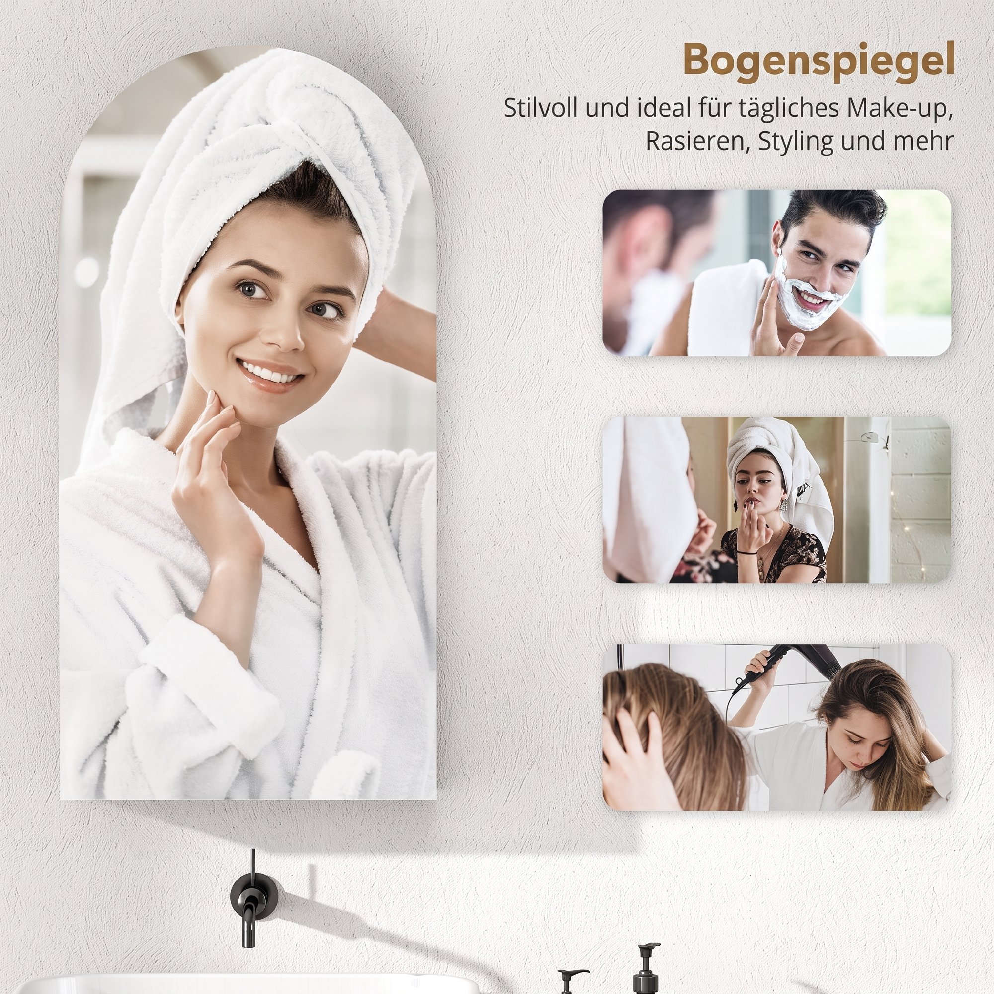 Badezimmerspiegelschrank mit rahmenlosem Bogen-Spiegel und verstellbaren Glasböden, Schwarz