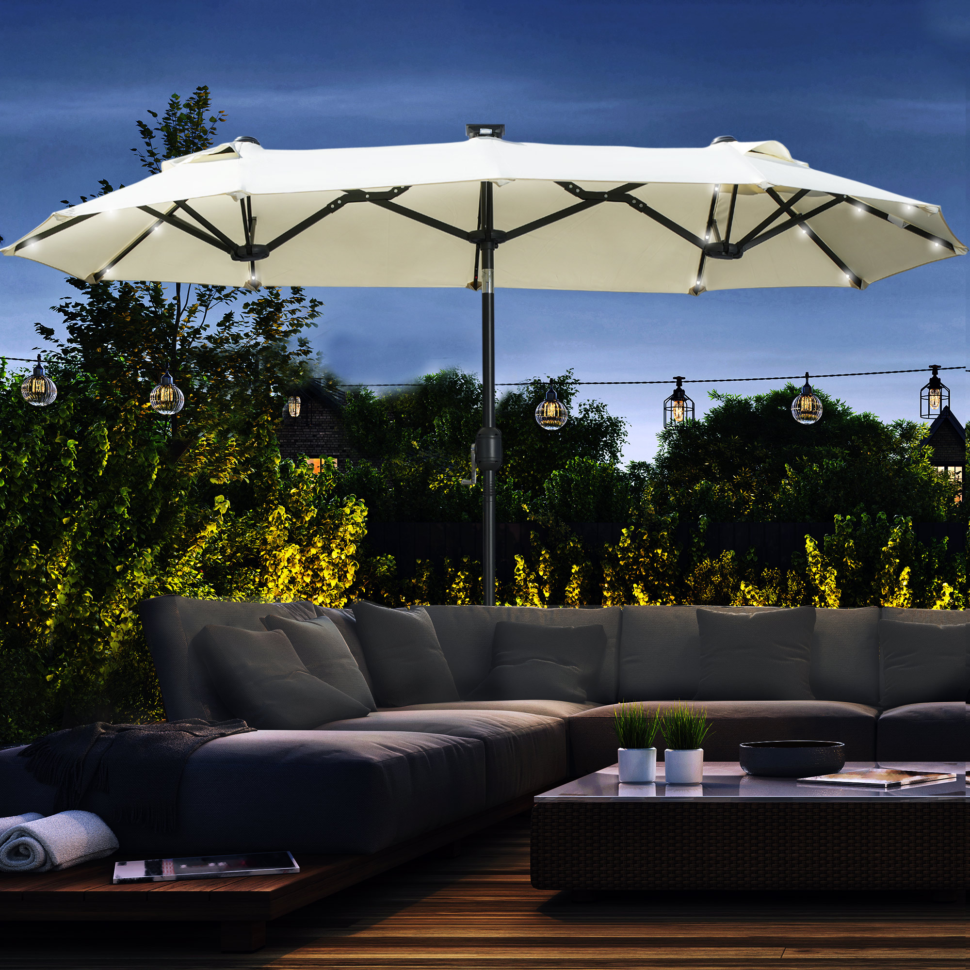 Doppelschirm, Terrassenschirm, neigbar, mit Solarpaneel, 35 LEDs, Stahlrahmen, beige, 2,92 x 1,50 x 2,18 m