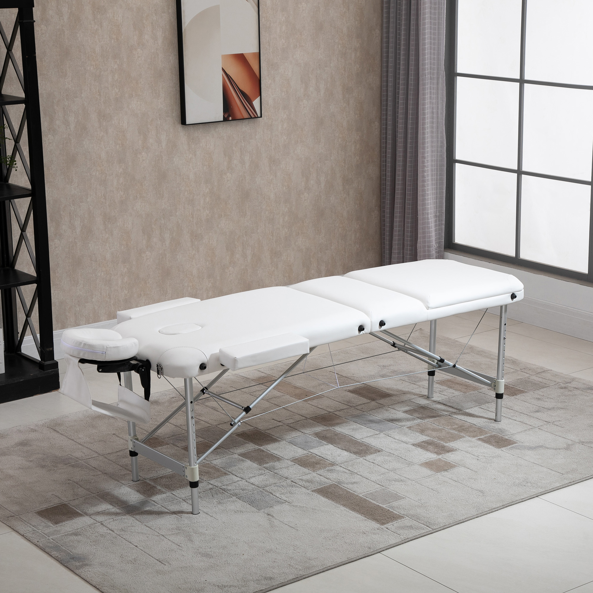Mobile Massageliege 3 Zonen Klappbar Massagetisch mit Kopfstütze Armlehne Tragetasche höhenverstellbare Aluminium Massagebett tragbar inkl, Zubehör Massagebank bis 225 kg Belast Weiß