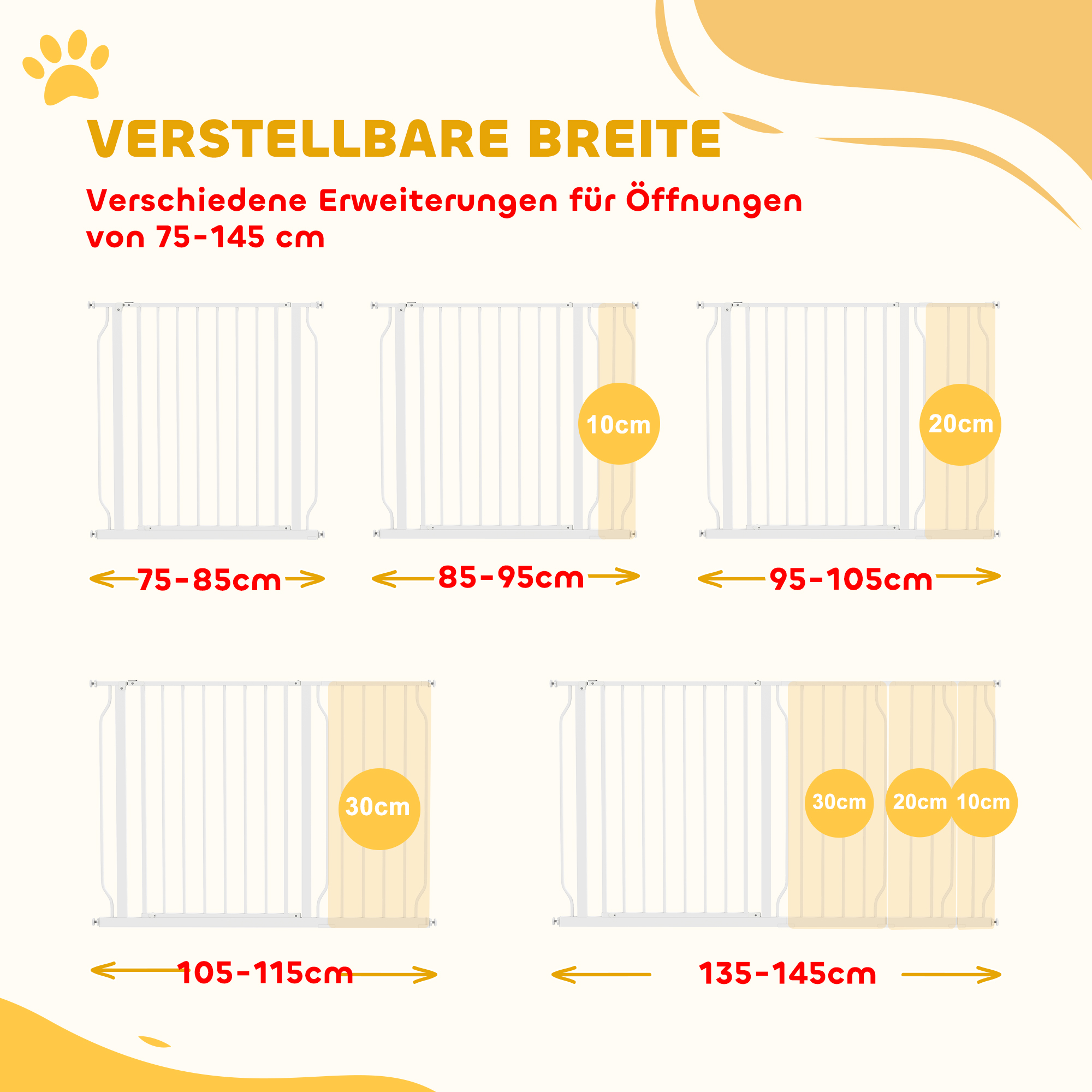 Hunde-Türabsperrung, längenverstellbar 75-145cm, Montage ohne Bohren, Stahlrahmen, Weiß