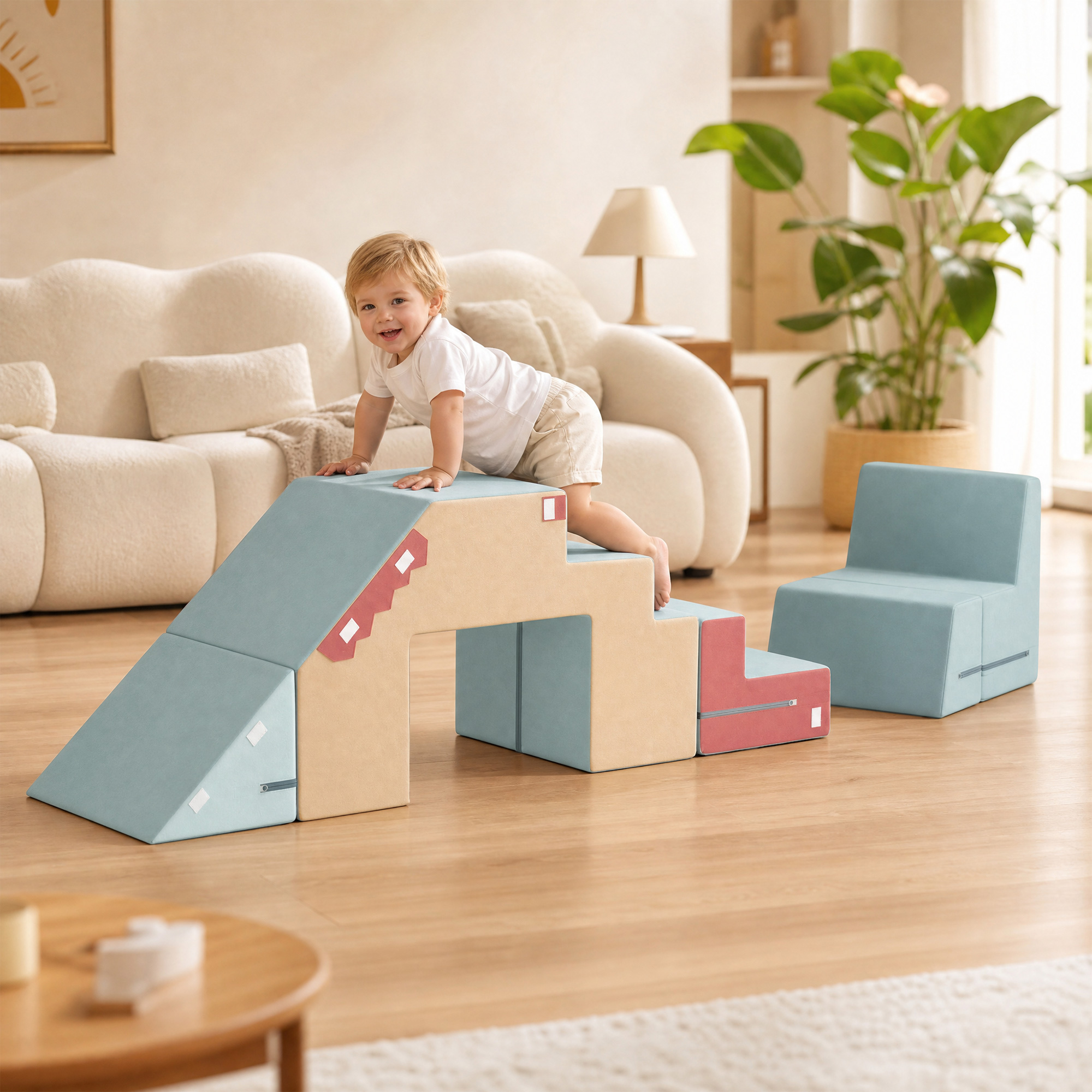 2-teiliges Schaumstoff Bausteine für Kleinkinder mit abnehmbaren Bezügen, Indoor-Kletter- und Krabbelspielset, Blau