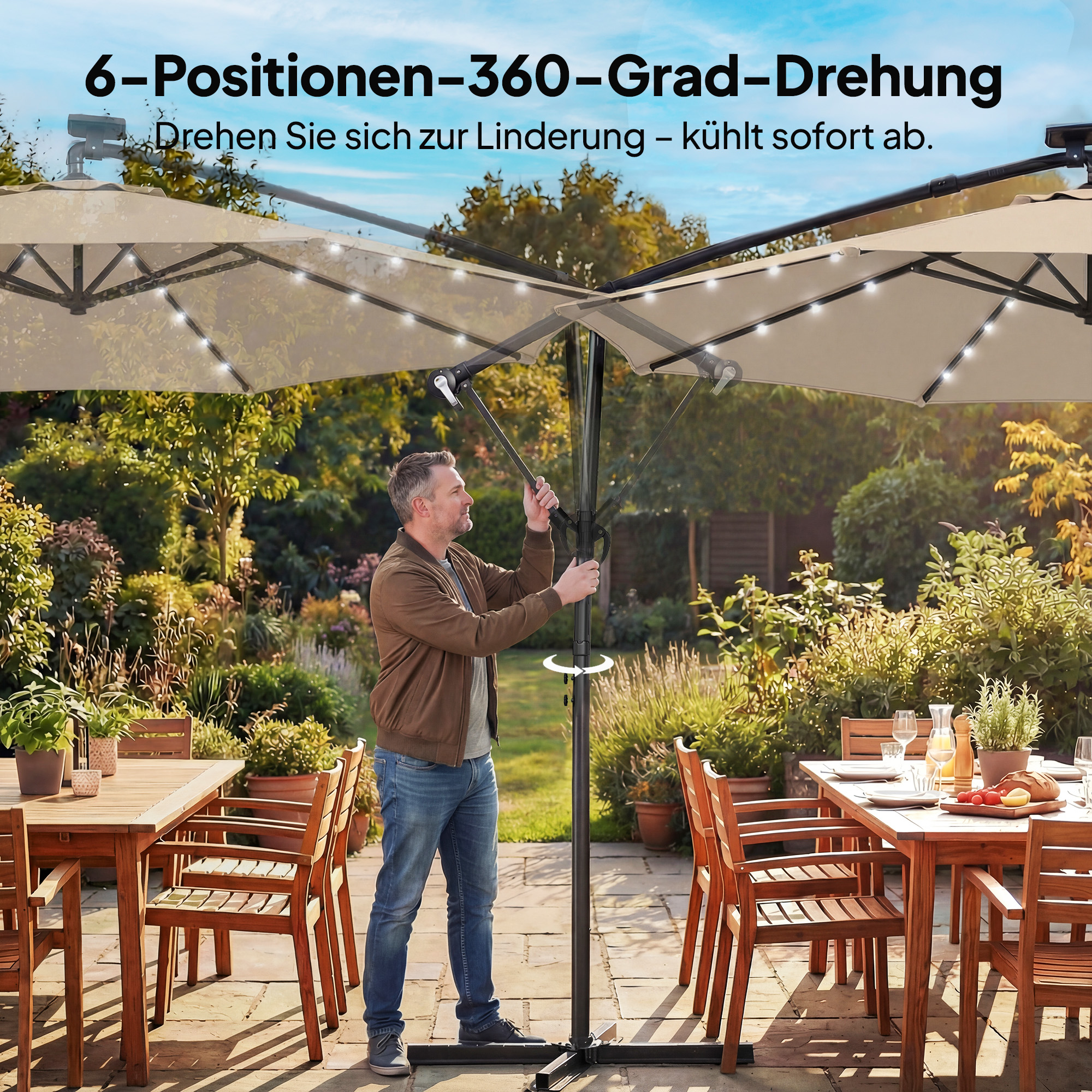 Ampelschirm LED Solar ca. Ø300 cm Drehbar Sonnenschirm mit Kurbel Ständer Schutzhülle Beige
