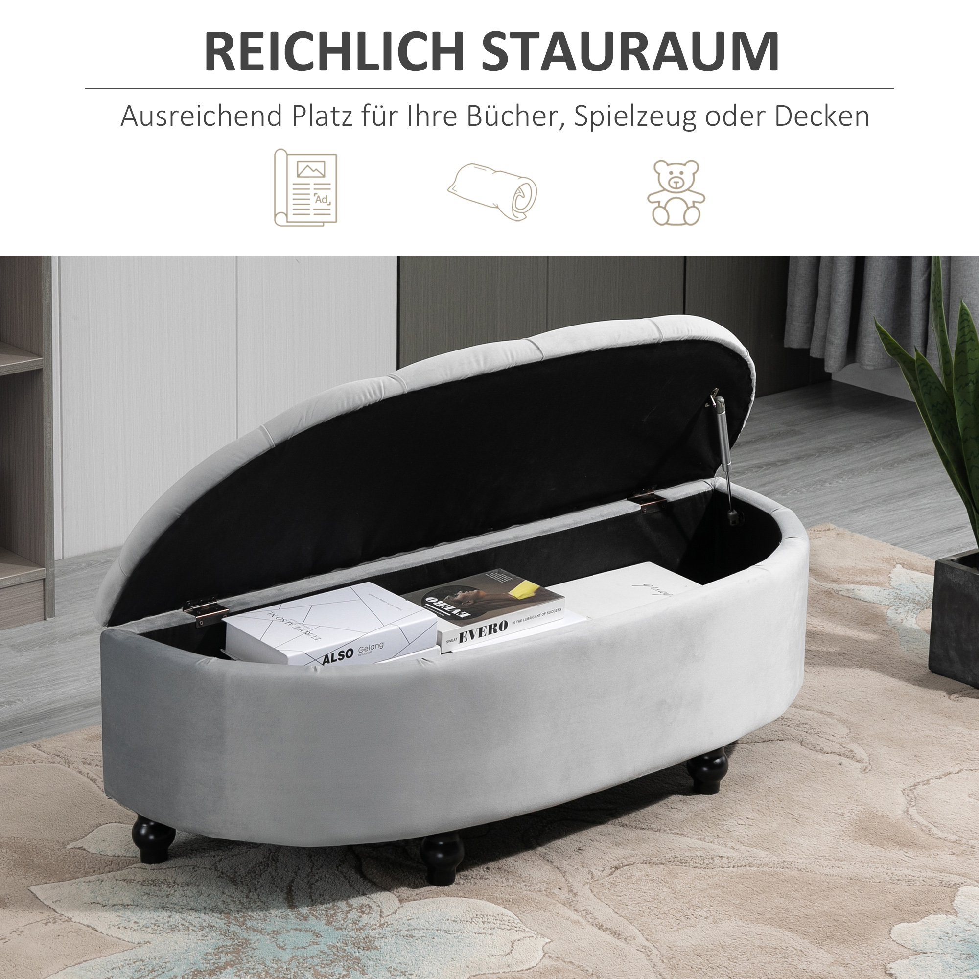 Sitzbank mit Stauraum Polsterbank mit Samtoptik, geöffnetem Deckel Sitztruhe mit Holzbeine, Truhenbank für Wohnzimmer Flur Schlafzimmer 120 x 46 x 42 cm, Grau