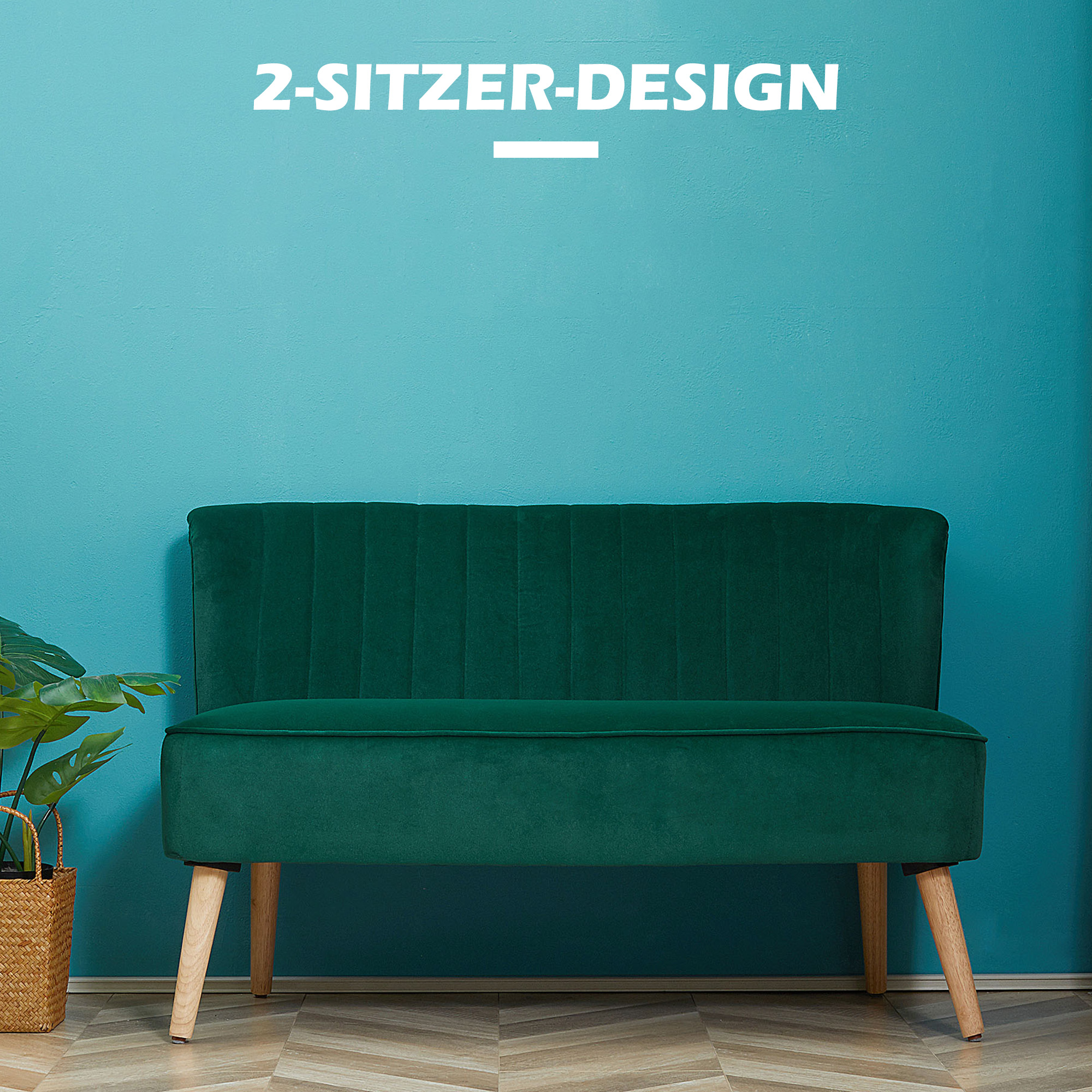 Sofa Retrodesign 2-Sitzer-Sofa, Holzbeine, 117 cm x 56,5 cm x 77 cm, Dunkelgrün