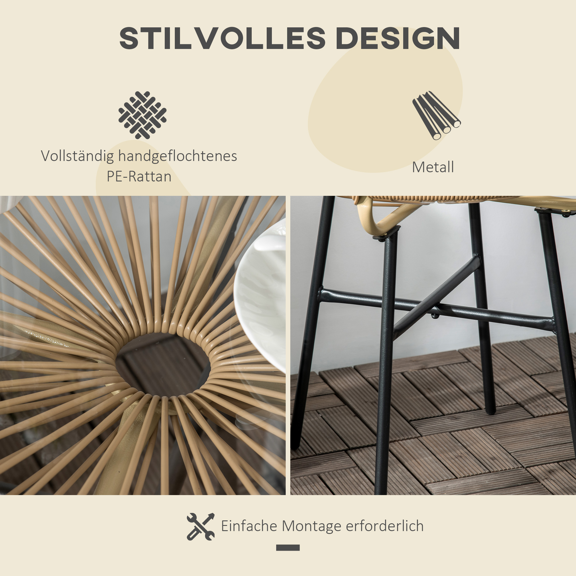 Gartentisch im Boho-Stil, PE-Rattan, gehärtetes Glas, wetterbeständig, 50 cm x 50 cm x 50 cm, Beige