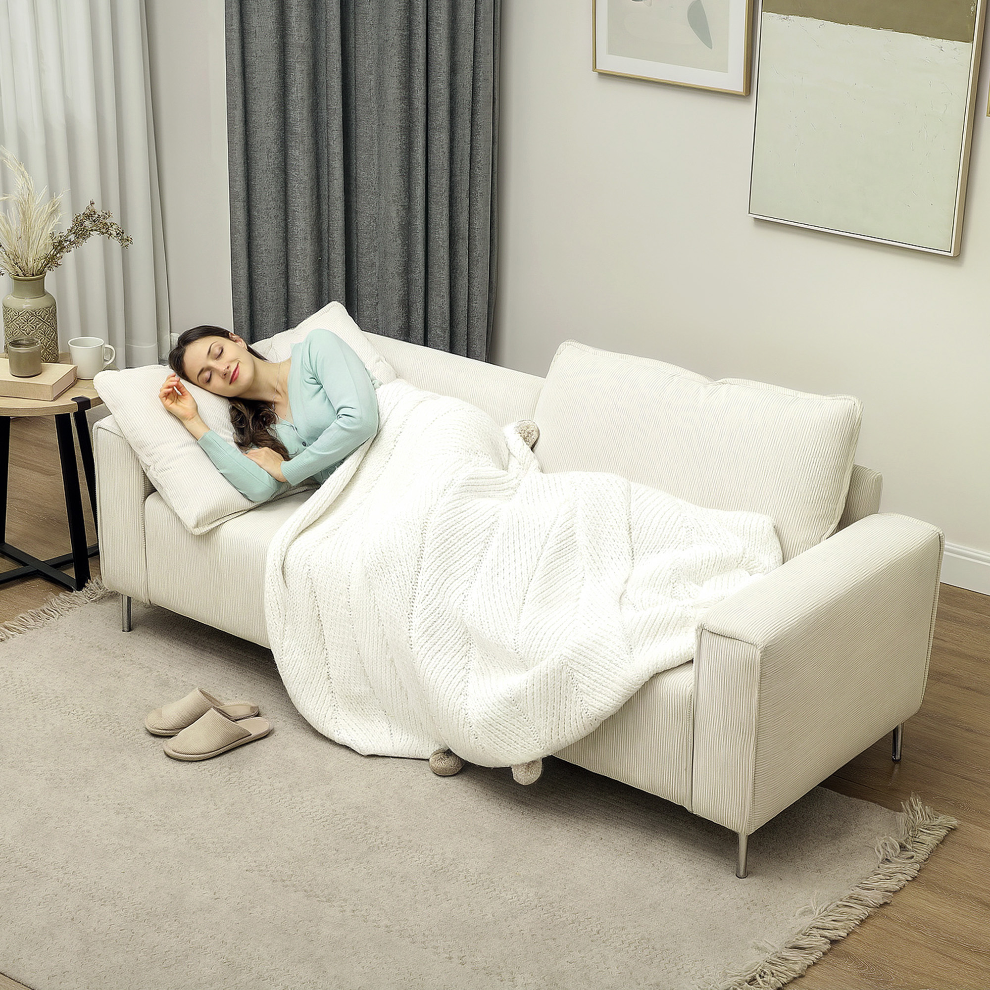 Modernes 3-Sitzer-Sofa, Weiche Couch mit Rückenkissen, Polstersofa für Wohnzimmer, Schlafzimmer, Homeoffice, Cremeweiß