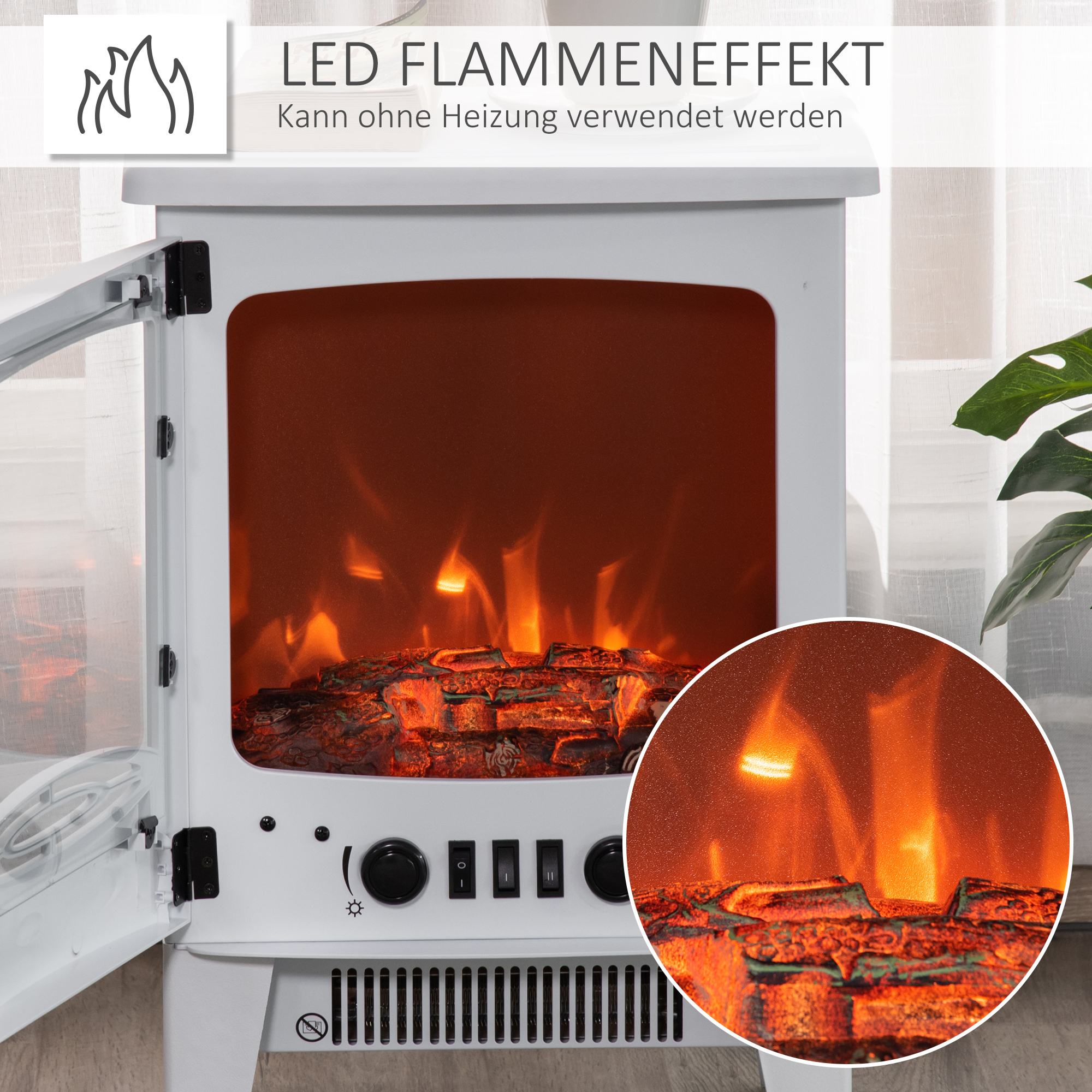 Elektrokamin mit Heizung, elektrischer Kamin mit LED Flammeneffekt, 900/1800 W Dekokamin, elektrisch Kaminfeuer Kaminofen, Weiß