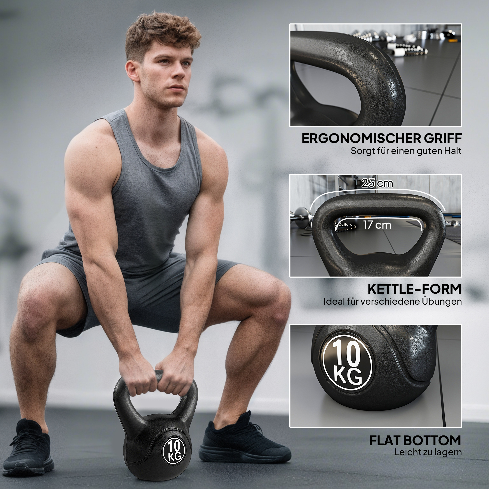 Kettlebell Kugelhantel 10 kg Gewicht-Hantel mit Sand befüllt für Anfänger Schwarz
