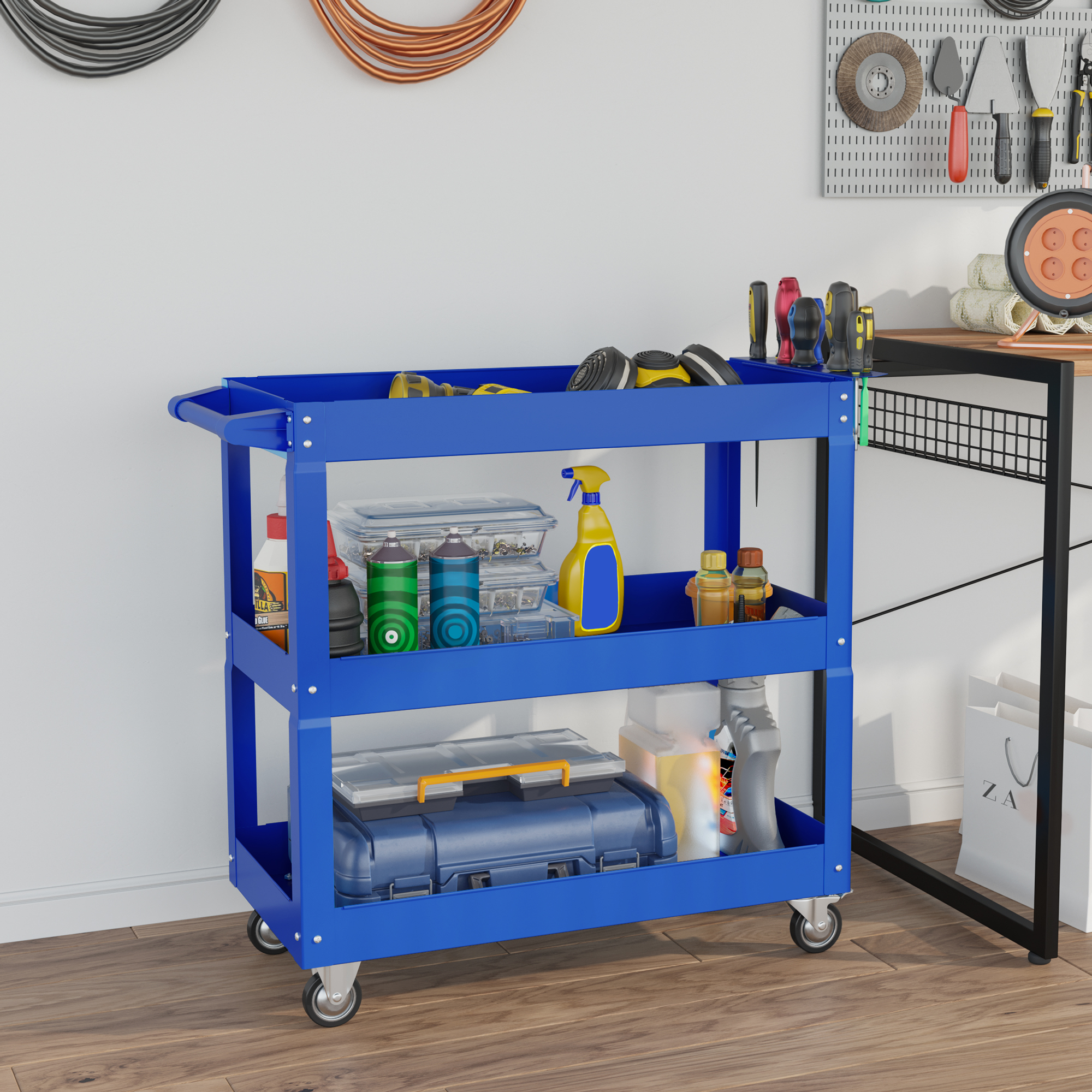 3-stufiger Werkzeugwagen, 4 Rollen, Stahl, 83B x 35,3T x 76H cm, Blau