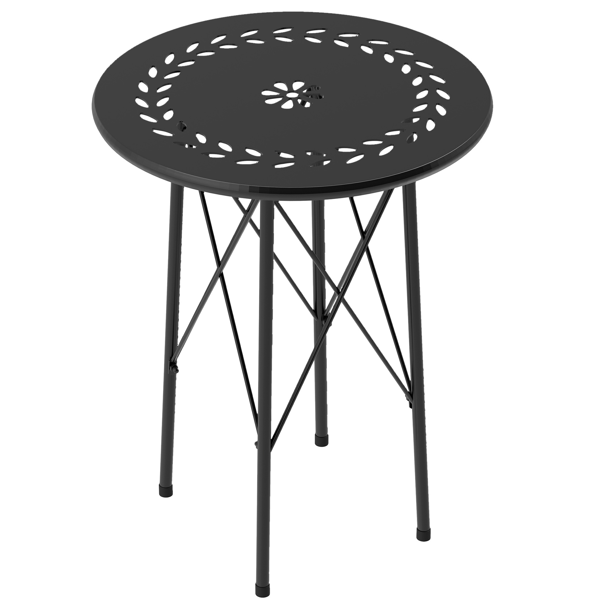 Gartentisch, runder Terrassentisch mit Blumenmuster, Stahl, Bistrotisch für drinnen und draußen, Schwarz