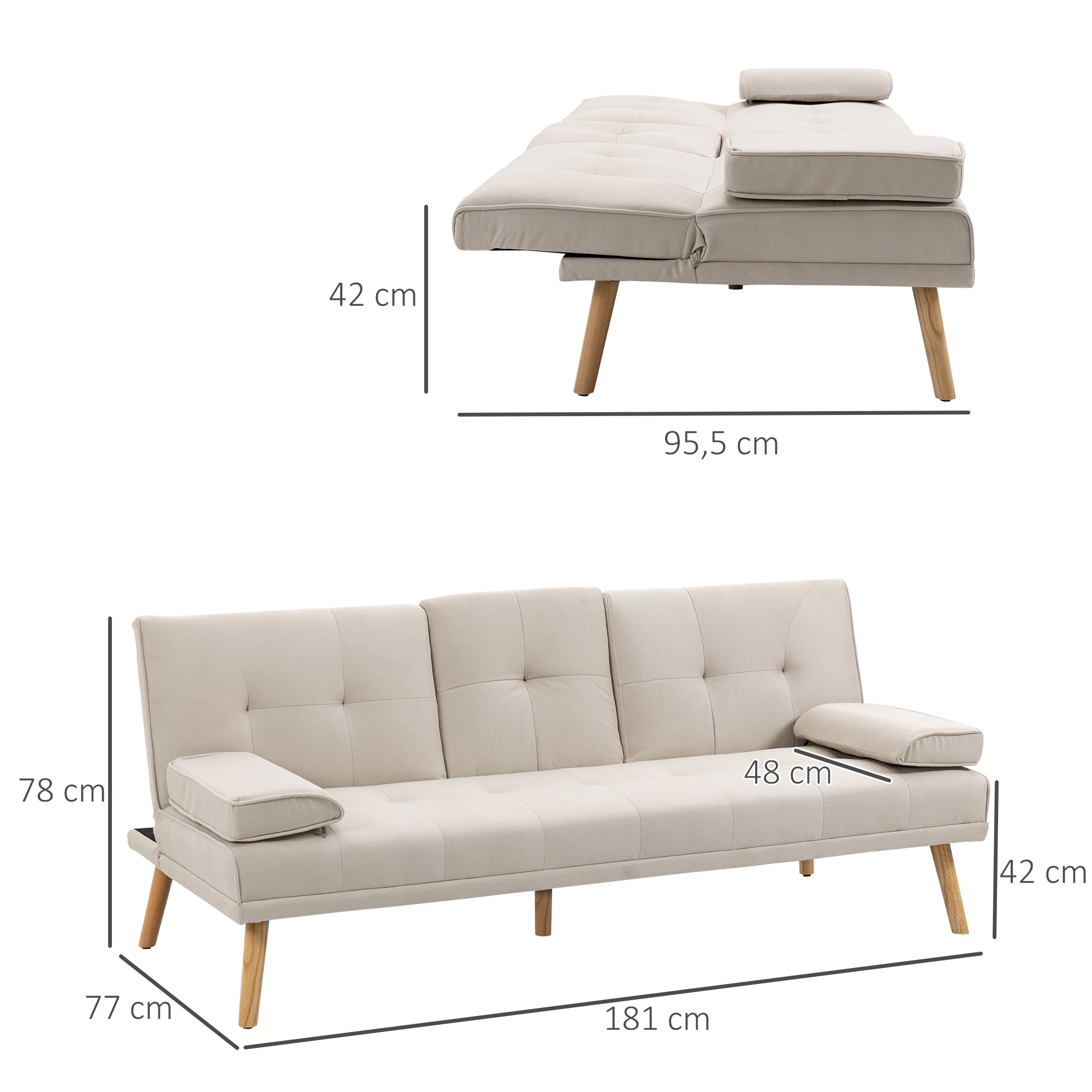 Schlafsofa 3-Sitzer, neigbare Rückenlehne mit Klapptisch, zwei Armpolster, Leinenoptik, beige, 181 x 77 x 78 cm