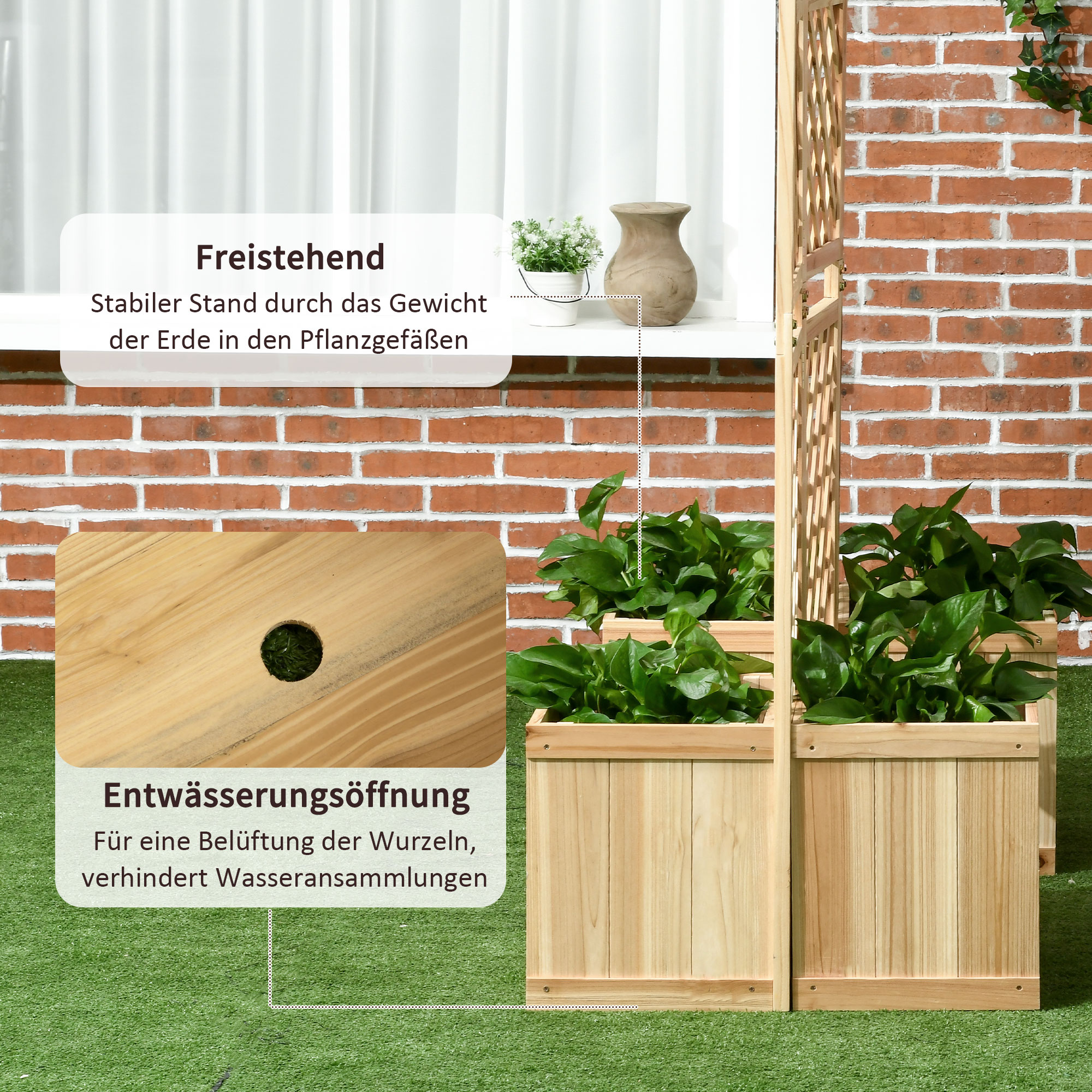 Paravent, Sichtschutz für Garten, dreifach klappbar, 4 Blumenkästen, Massivholz, Naturfarbe, 133 x 62 x 165 cm