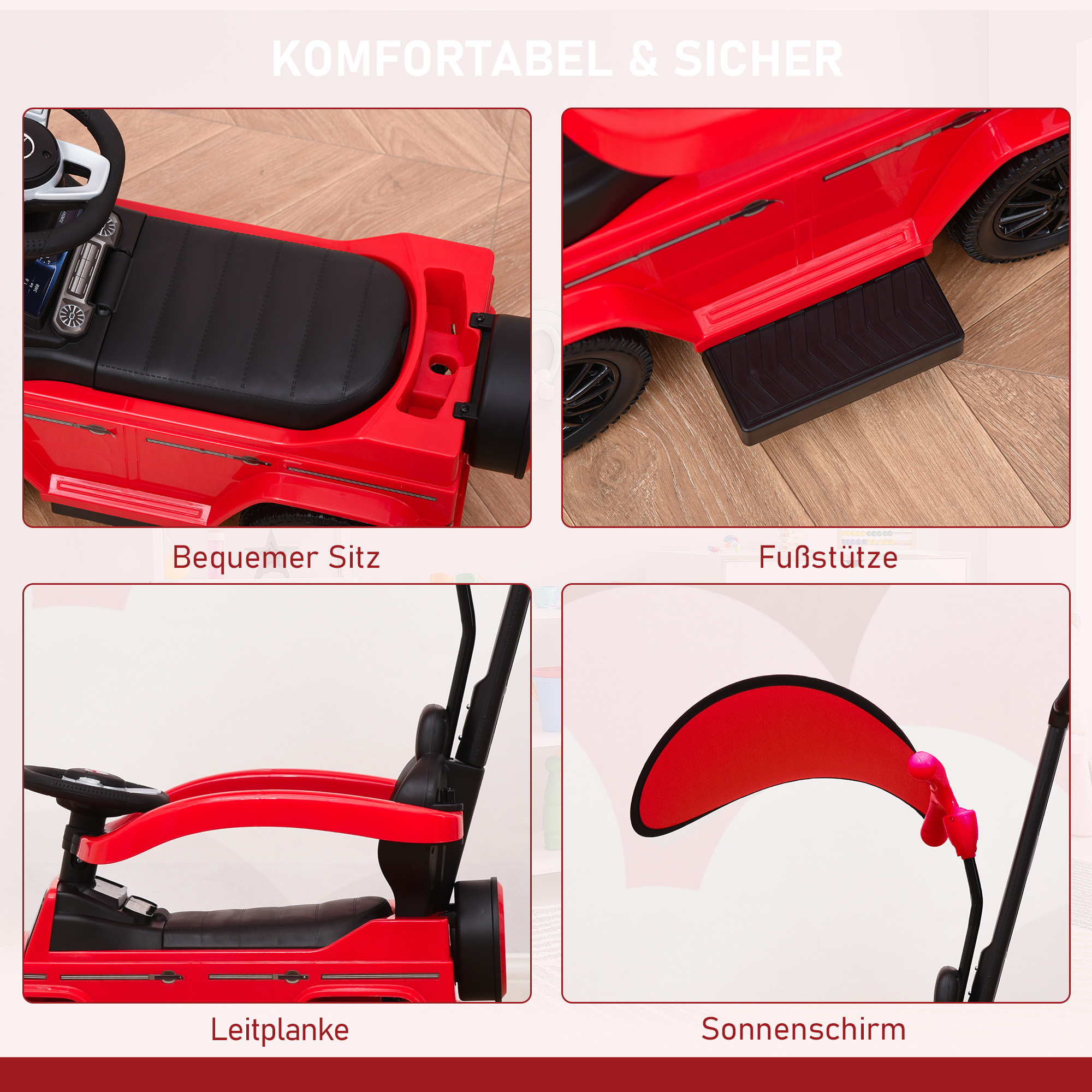 Rutschauto mit Schiebstange Mercedes-Benz G350 Rutschfahrzeug mit Lenkrad 3-in-1 Schiebeauto für 18-36 Monate Kinder Rot