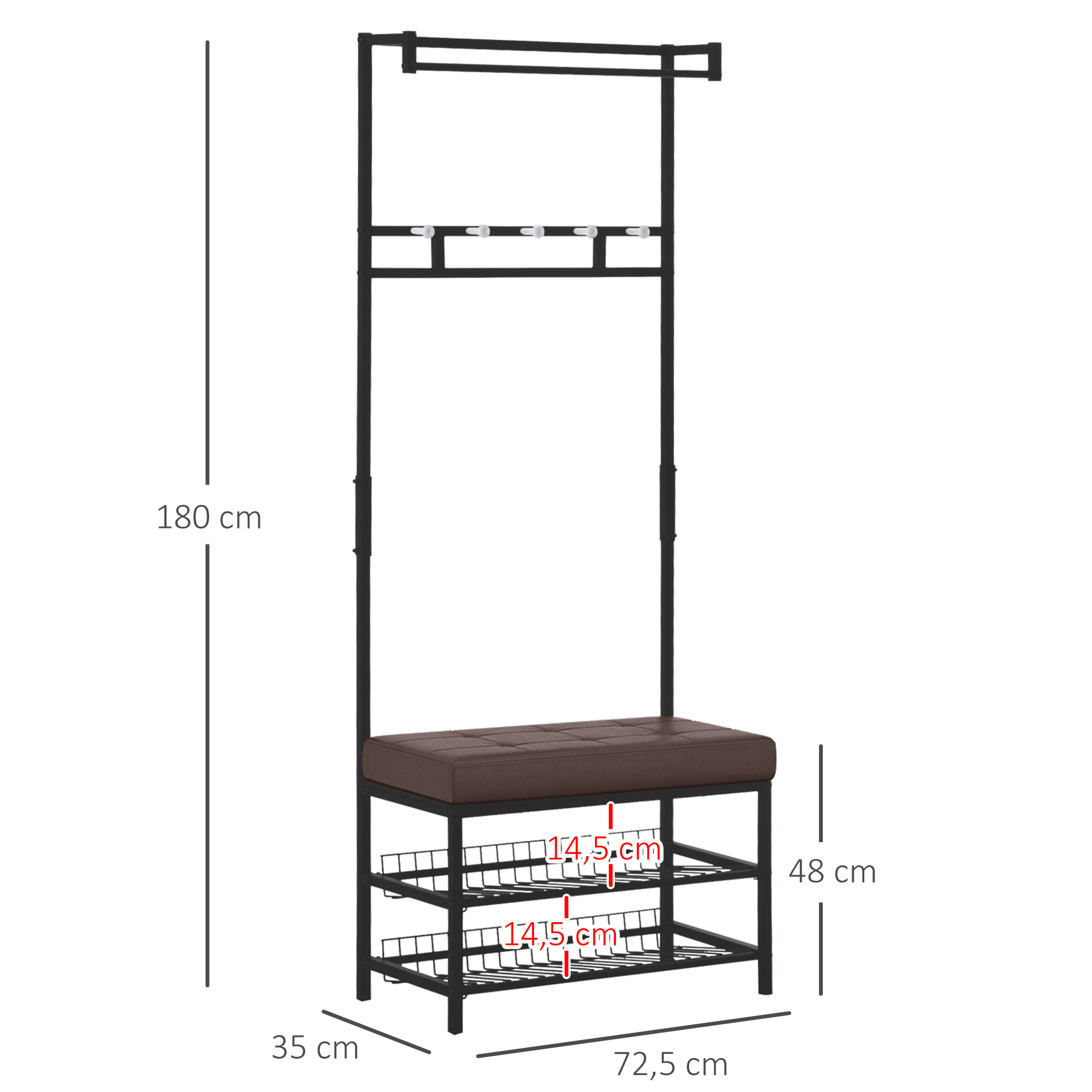 Garderobenständer Kleiderständer mit 5 Haken und Schuhbank mit 2 Ebenen Garderobe aus Metall für Flur, Schlafzimmer, 72,5 x35 x 180cm