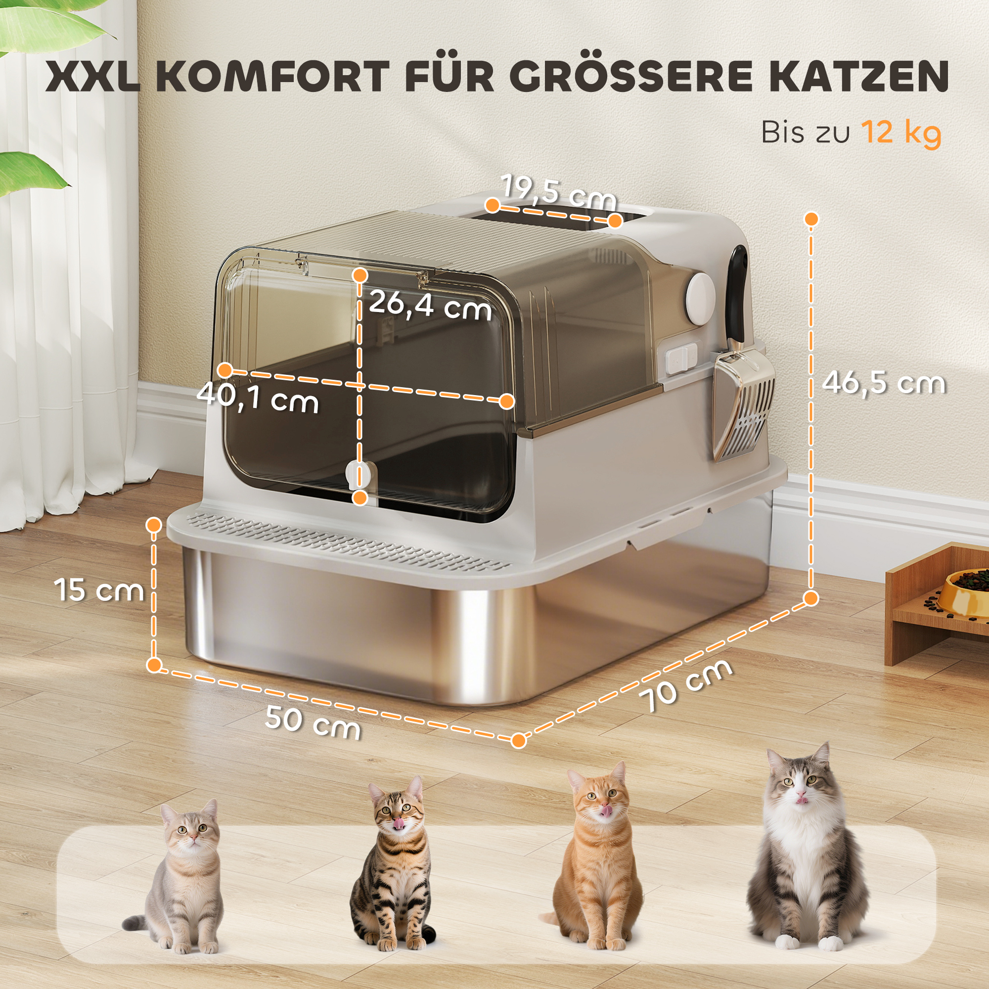 XXL Edelstahl-Katzentoilette mit Klappdeckel, Katzenklo mit Schaufel, für große Katzen bis zu 12 kg, leicht zu reinigen