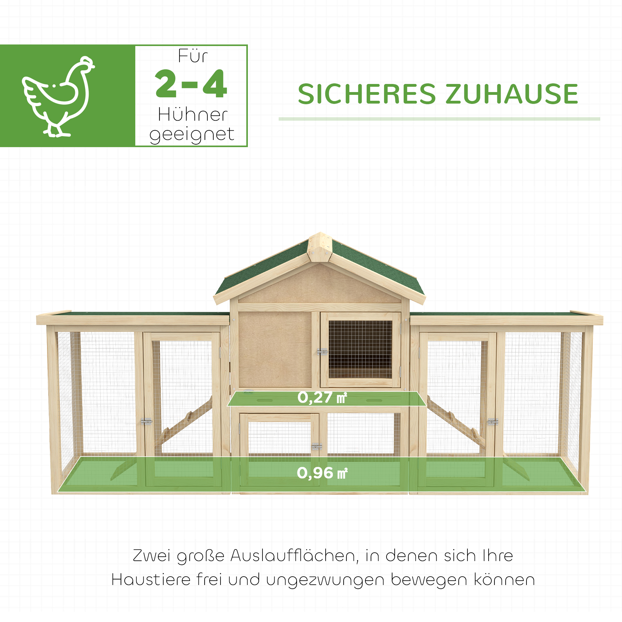 Hühnerstall mit Freigehege, inkl. Nistkasten, Rampe und Bodenwanne Tannenholz Naturholz