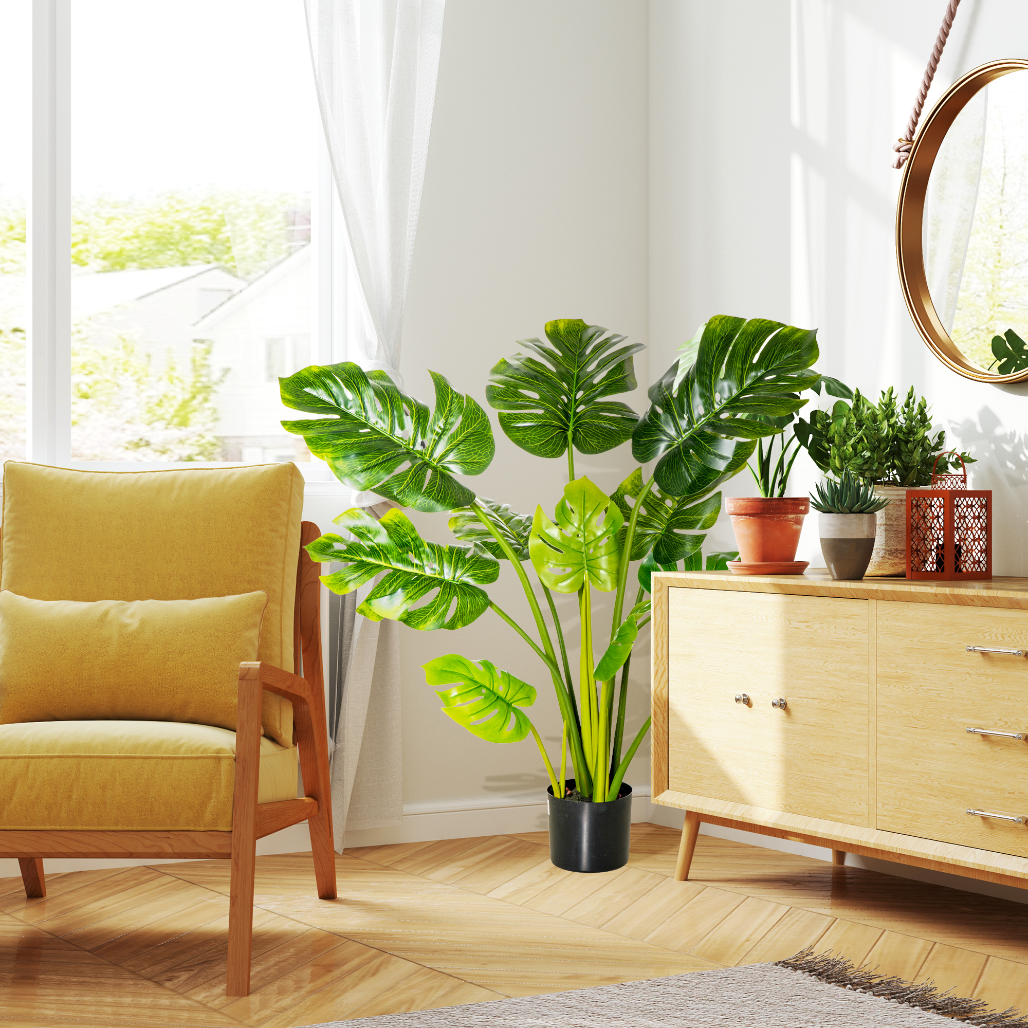 künstliche Pflanzen 110 cm künstlicher Monstera Kunstpflanzen im Topf Kunstbaum Zimmerpflanze Dekopflanze Büropflanze Kunststofftopf für drinnen und draußen
