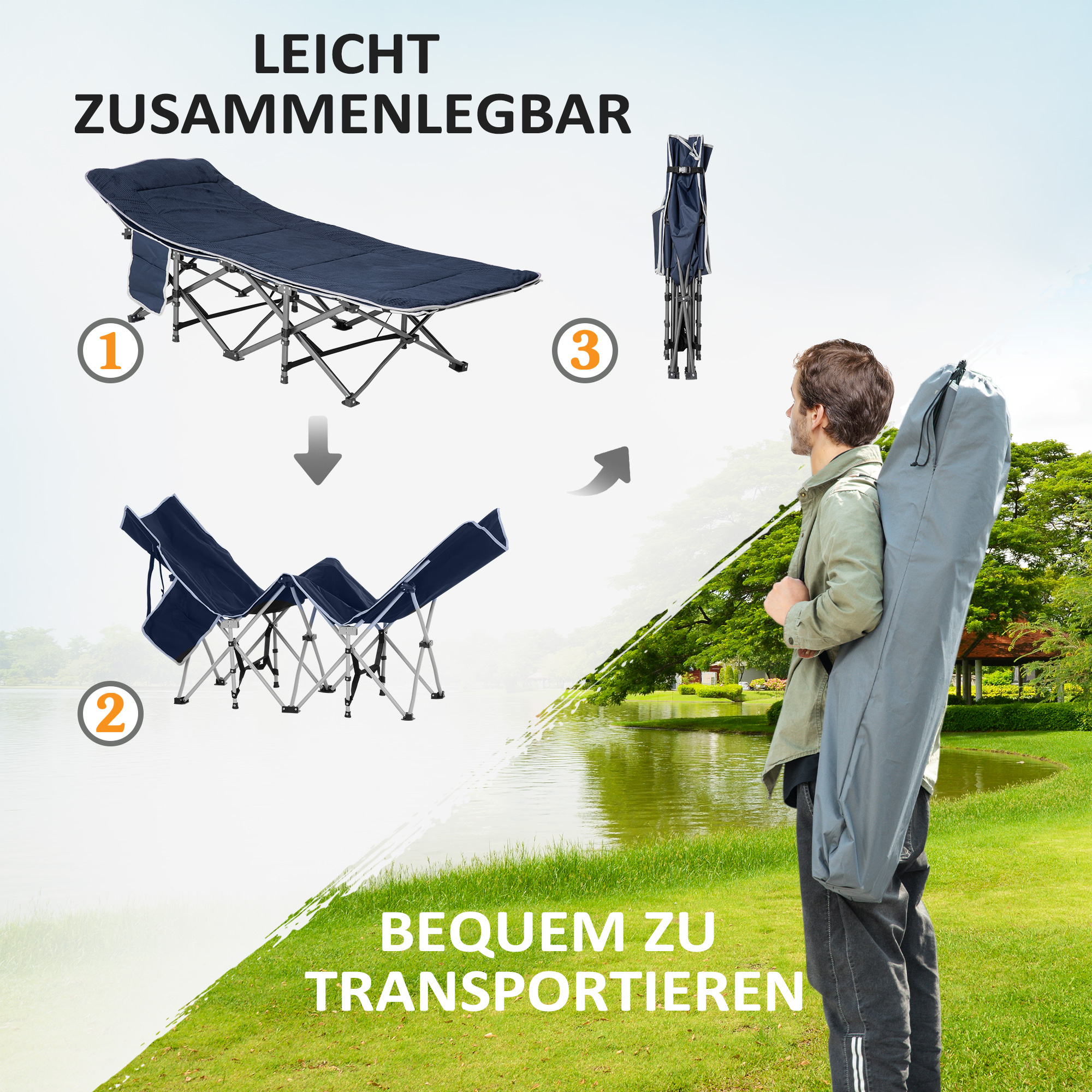 Campingbett, klappbares Feldbett mit Kopfkissen, 188 x 64,5 x 53 cm, Dunkelblau