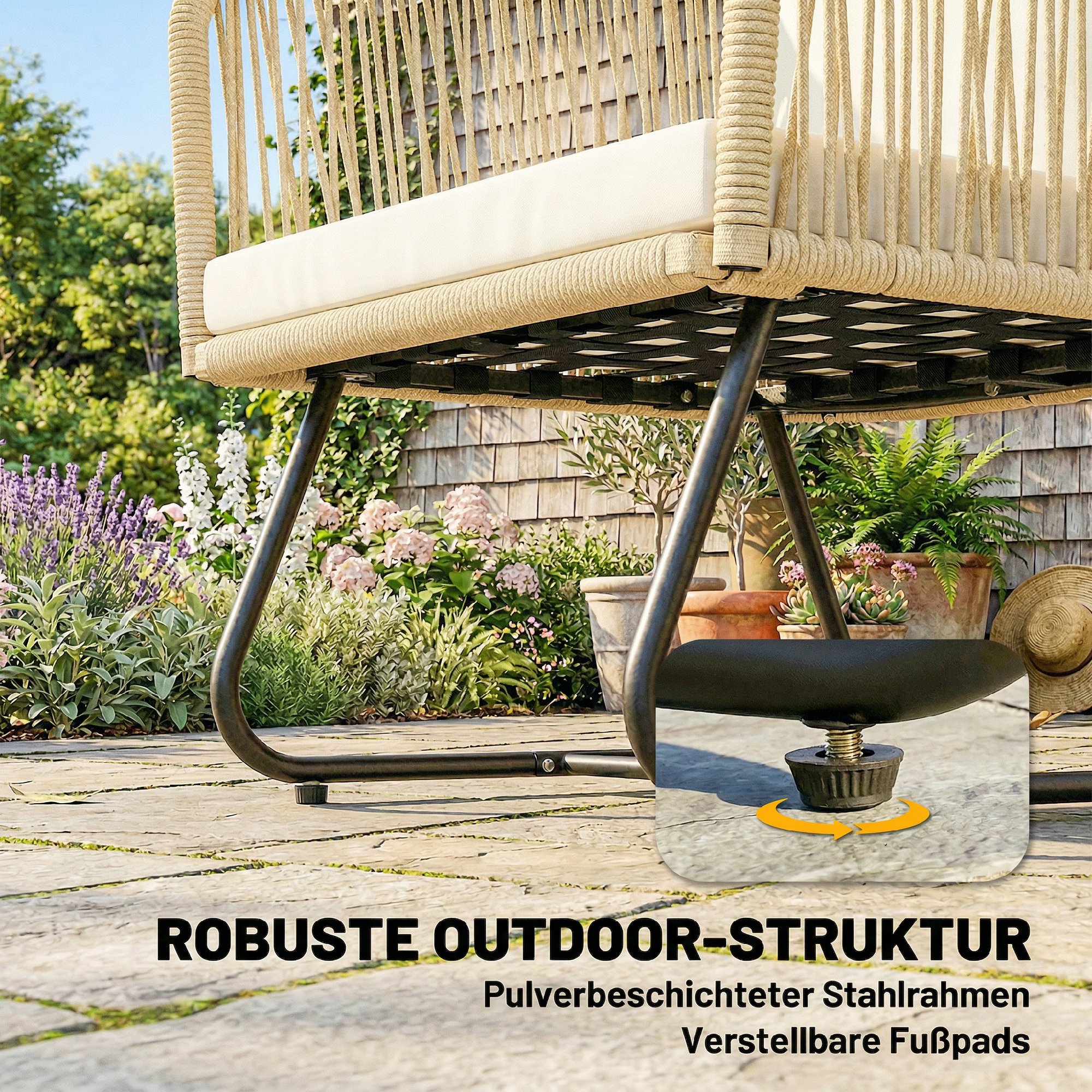 Rattan Bistroset 3 teiliges FSC Gartenmöbel-Set mit 2 Sessel, Lamell-Holztisch, dicke waschbare Kissen Stahlrahmen