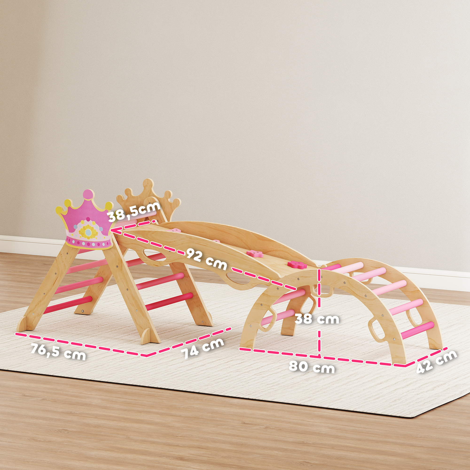 8-in-1 Indoor-Klettergerüst für Kinder, Prinzessinnen-Design, Rutsche, Rampe, Bogen, Holz