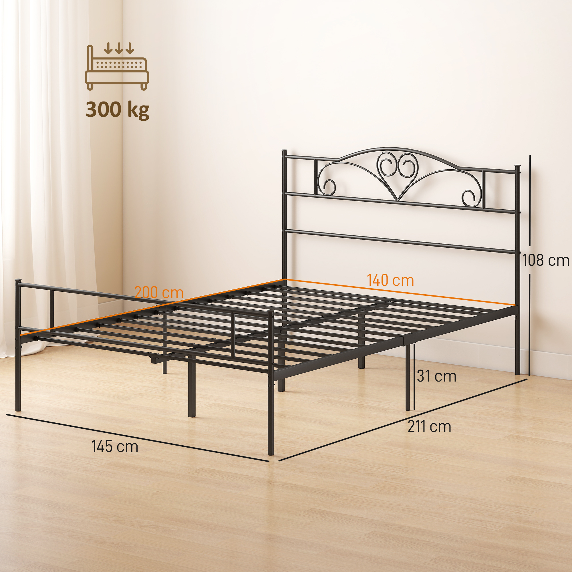 Bettgestell aus Metall mit Kopfteil, 300 kg Belastbarkeit, 145L x 211B x 106H cm, Schwarz