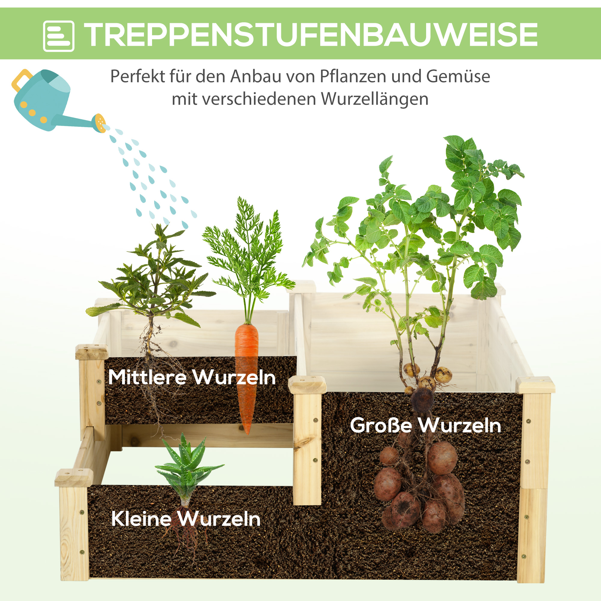 Hochbeet mit 3 Pflanzkästen, 3-stufiges Design, offenere Boden, 108 cm x 88 cm x 36 cm, Natur