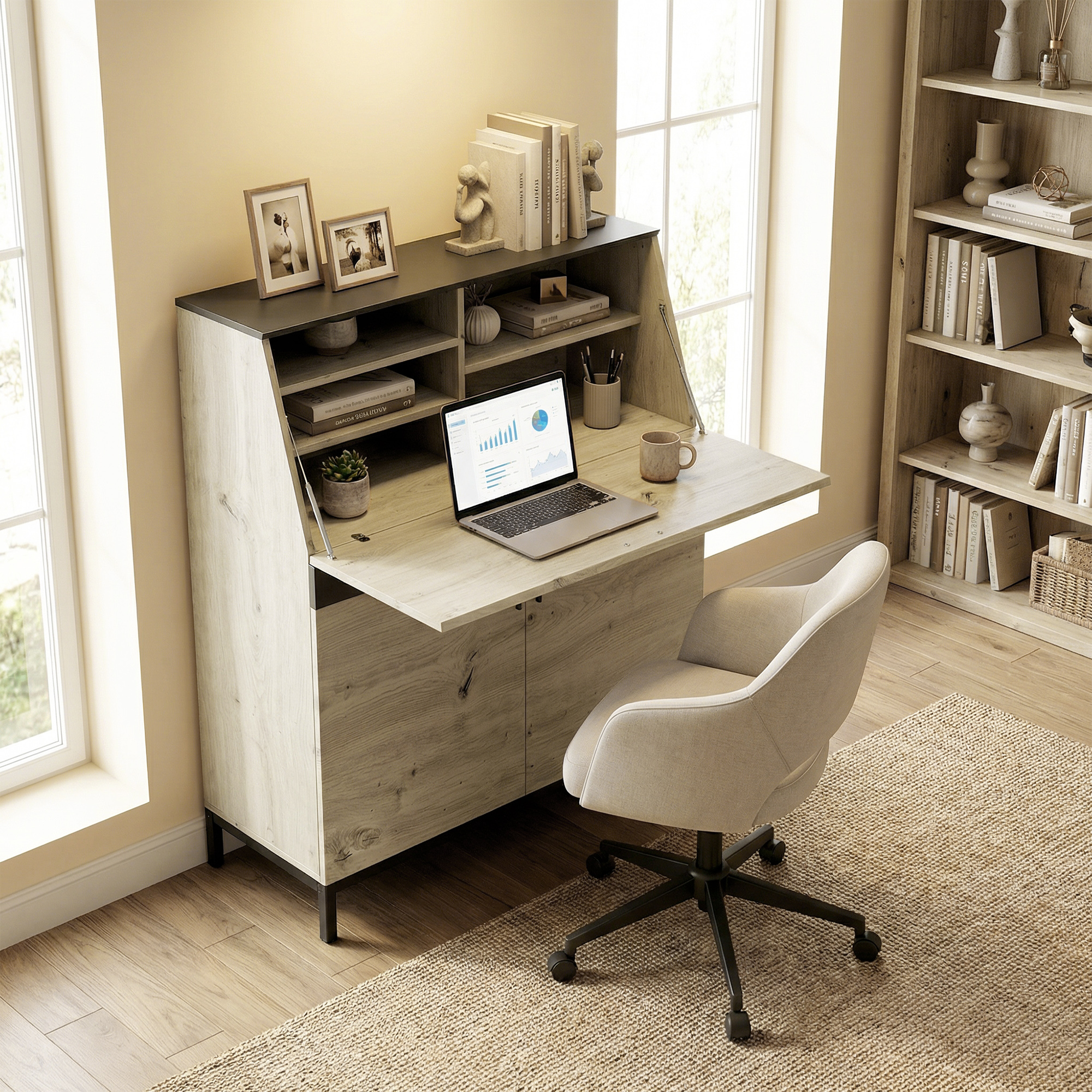 Sekretär-Schreibtisch mit Regalen und Metallrahmen 100 cm Naturholz und Schwarz