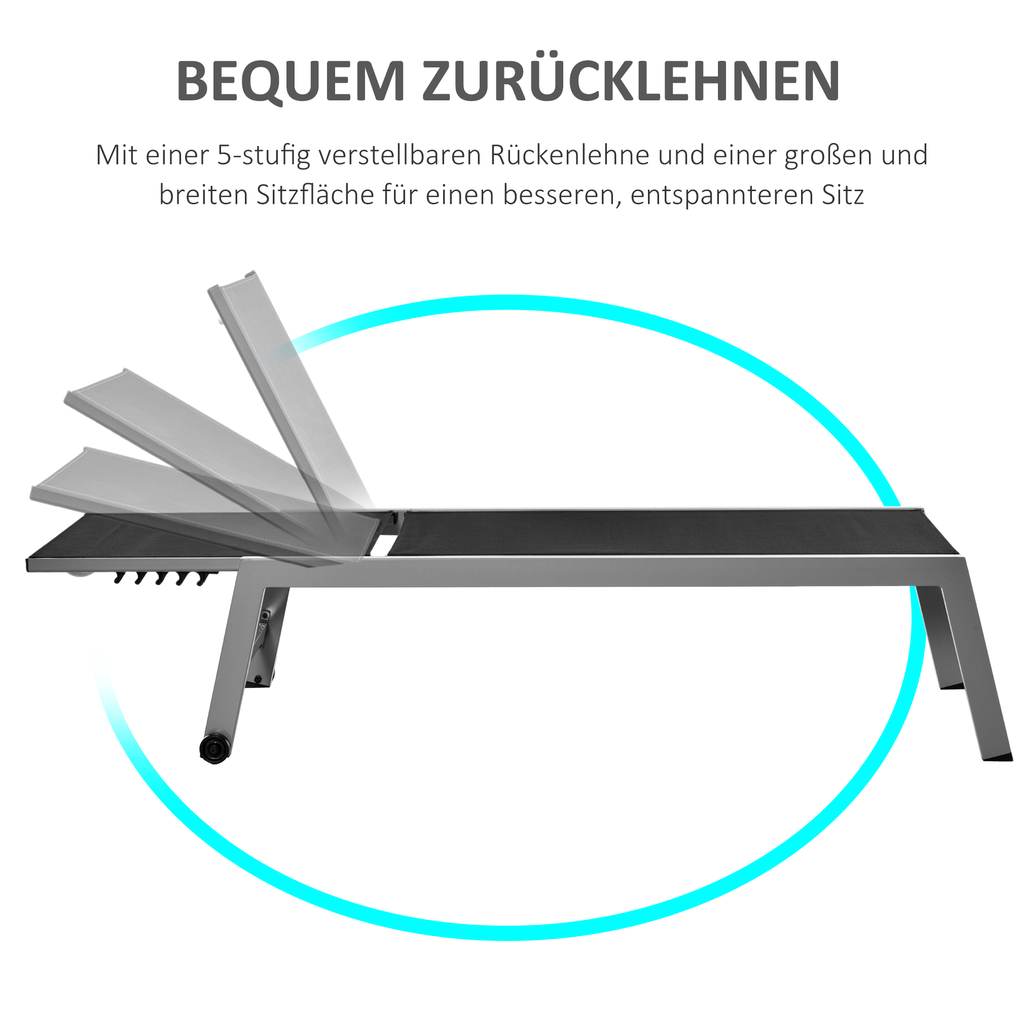 Sonnenliege, Gartenliege, 5-stufige Rückenlehne, Aluminium, Schwarz, 202 x 65 x 43 cm
